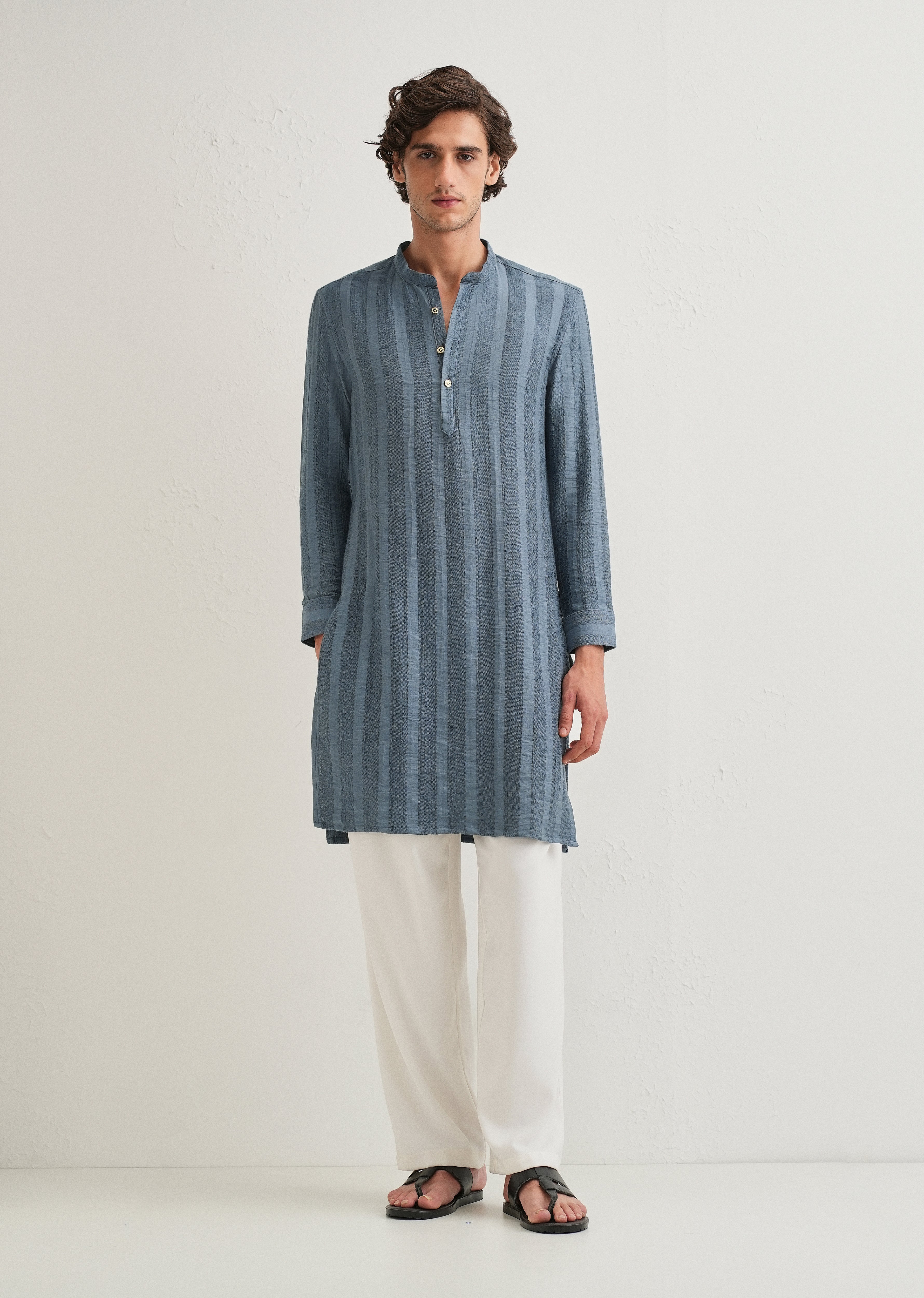 Sapphire Blue Textured Vertical Stripe Kurta