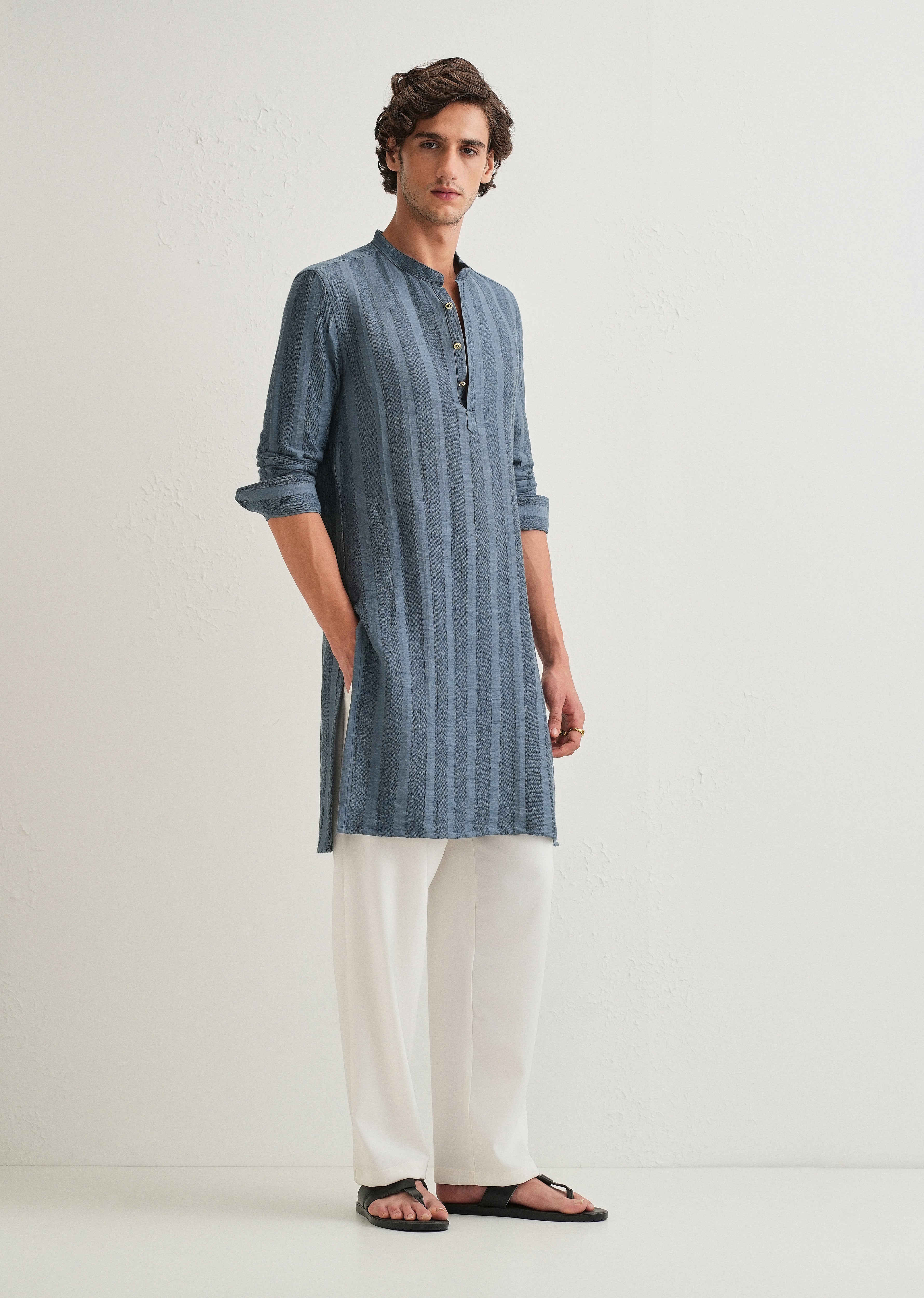 Sapphire Blue Textured Vertical Stripe Kurta