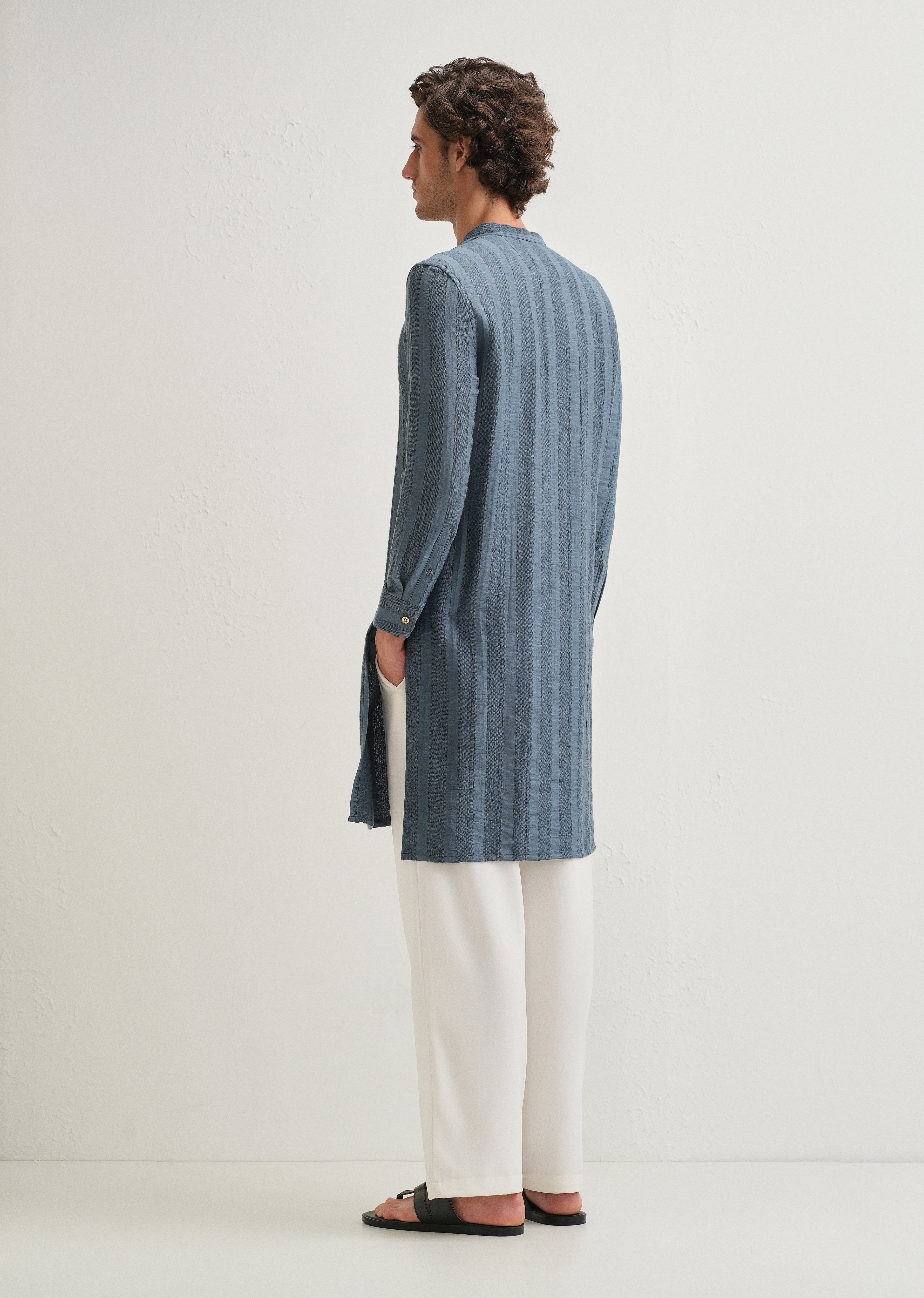 Sapphire Blue Textured Vertical Stripe Kurta