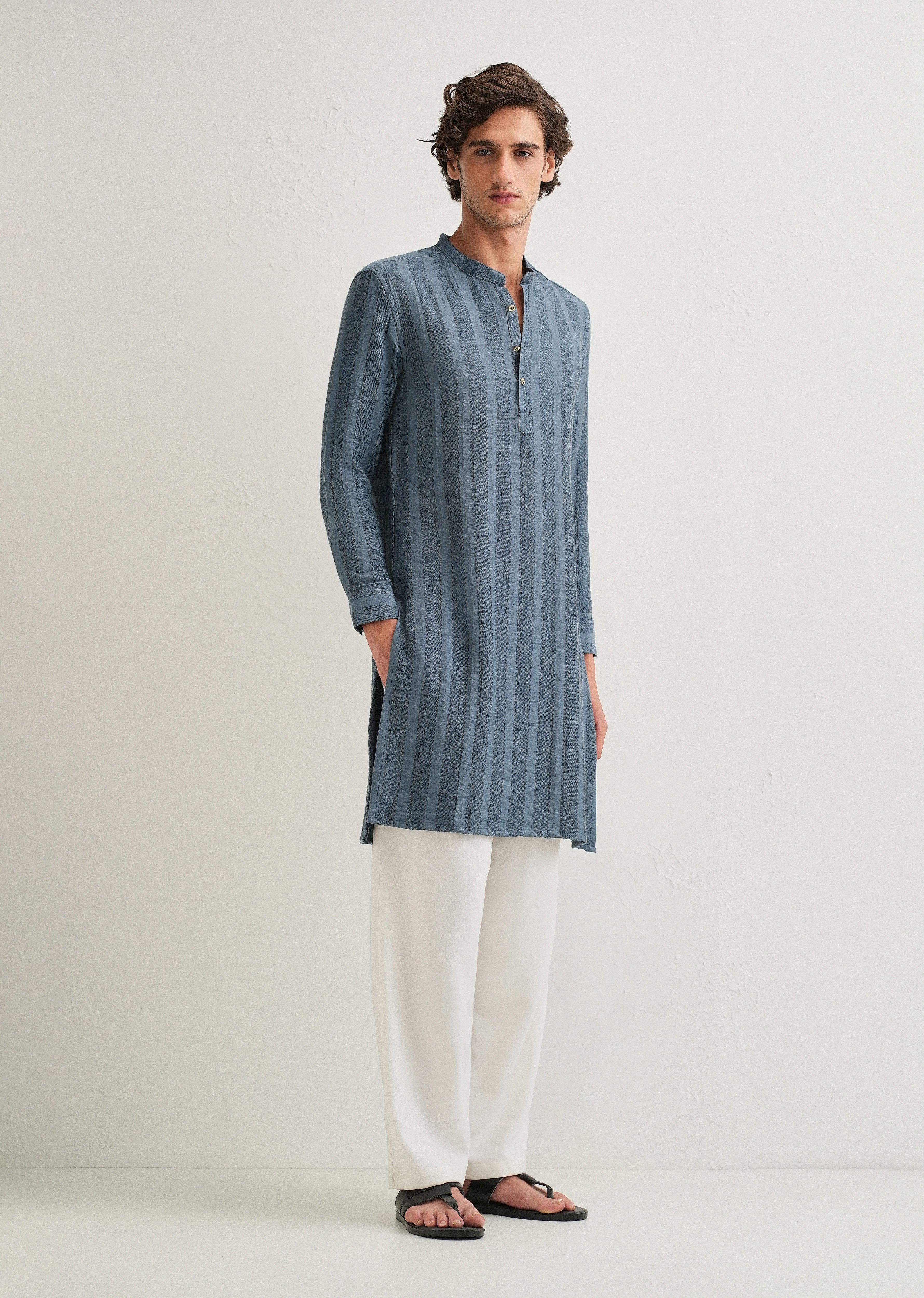 Sapphire Blue Textured Vertical Stripe Kurta