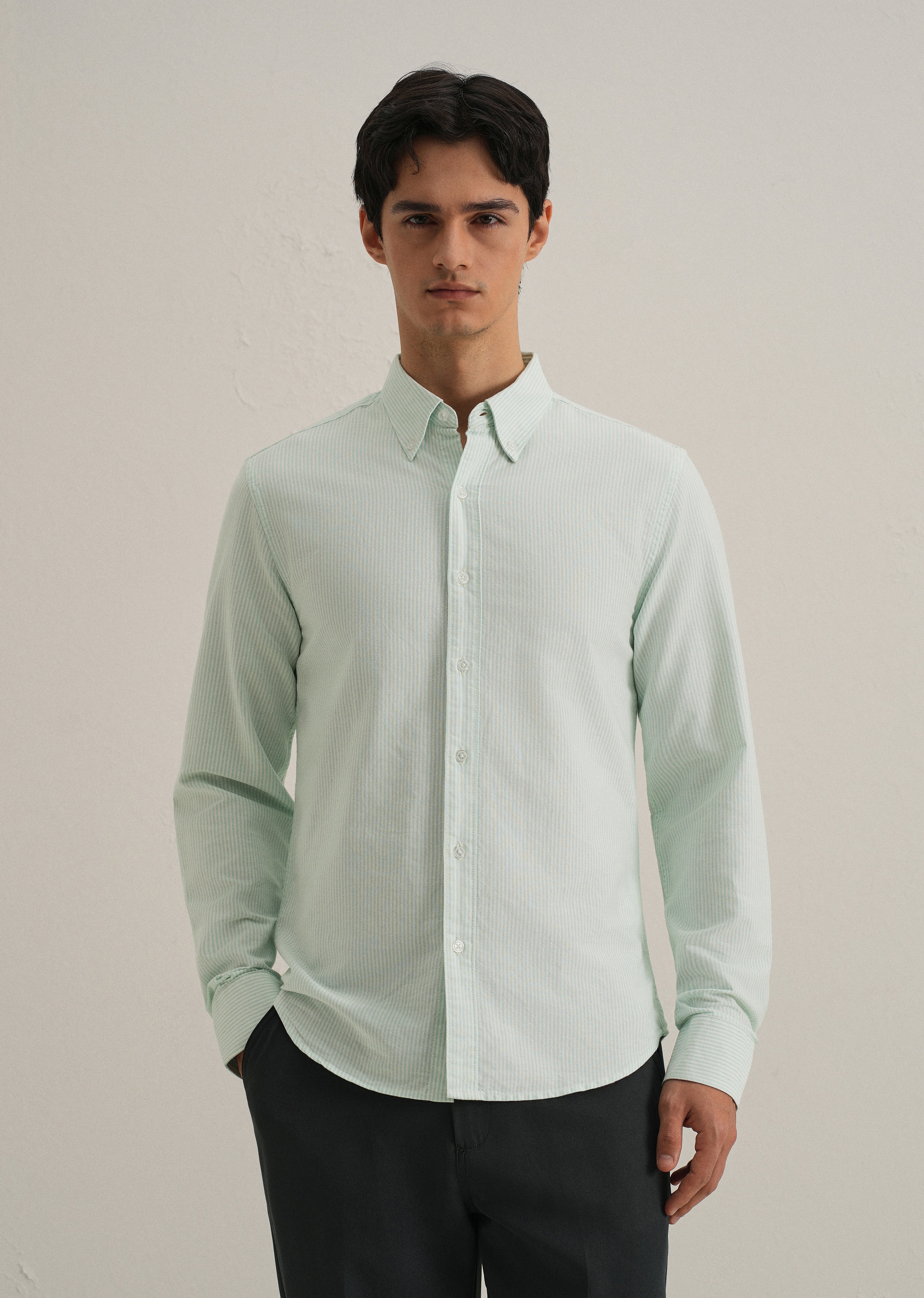 Sea Green Vertical Striped Cotton Shirt