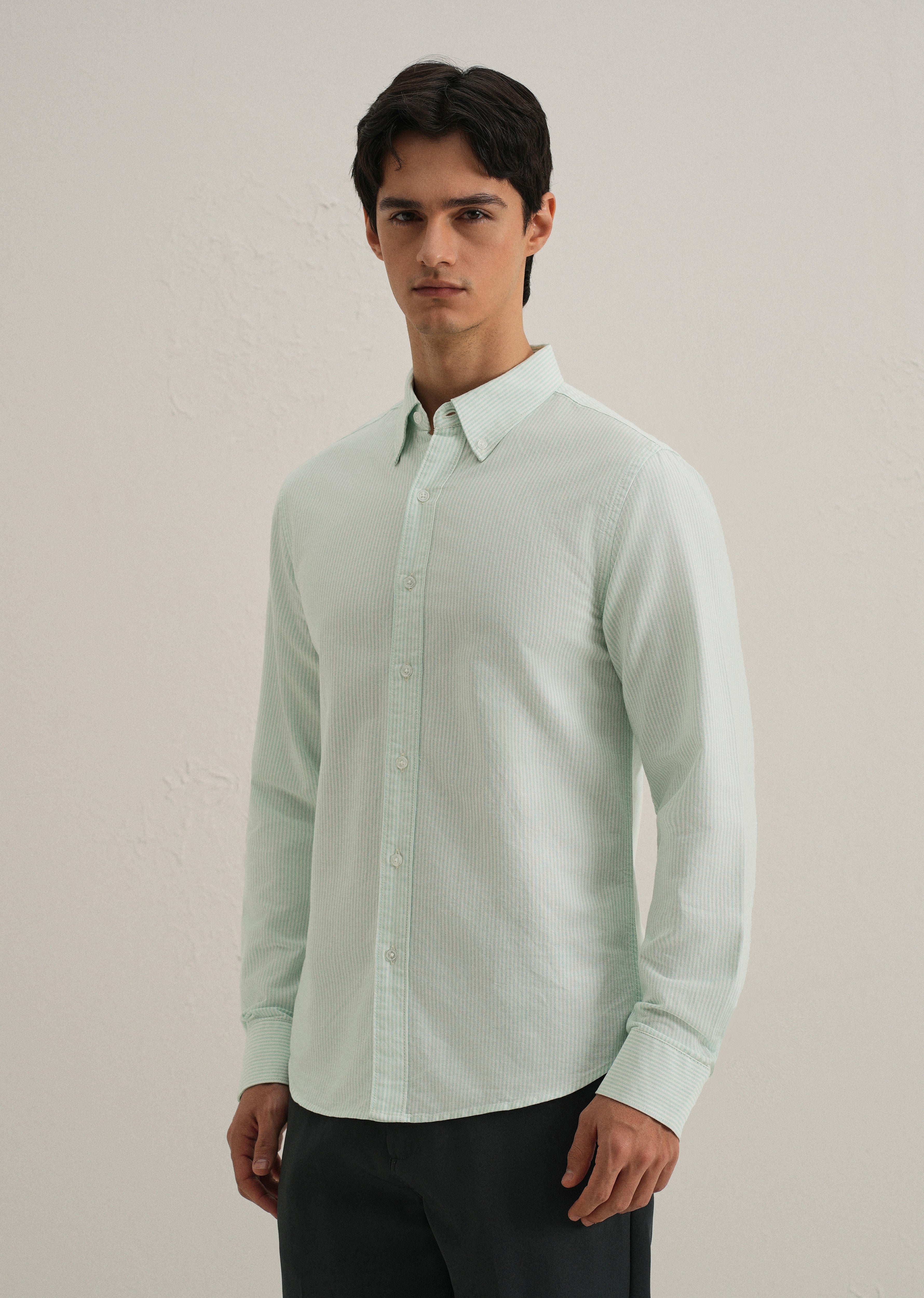 Sea Green Vertical Striped Cotton Shirt