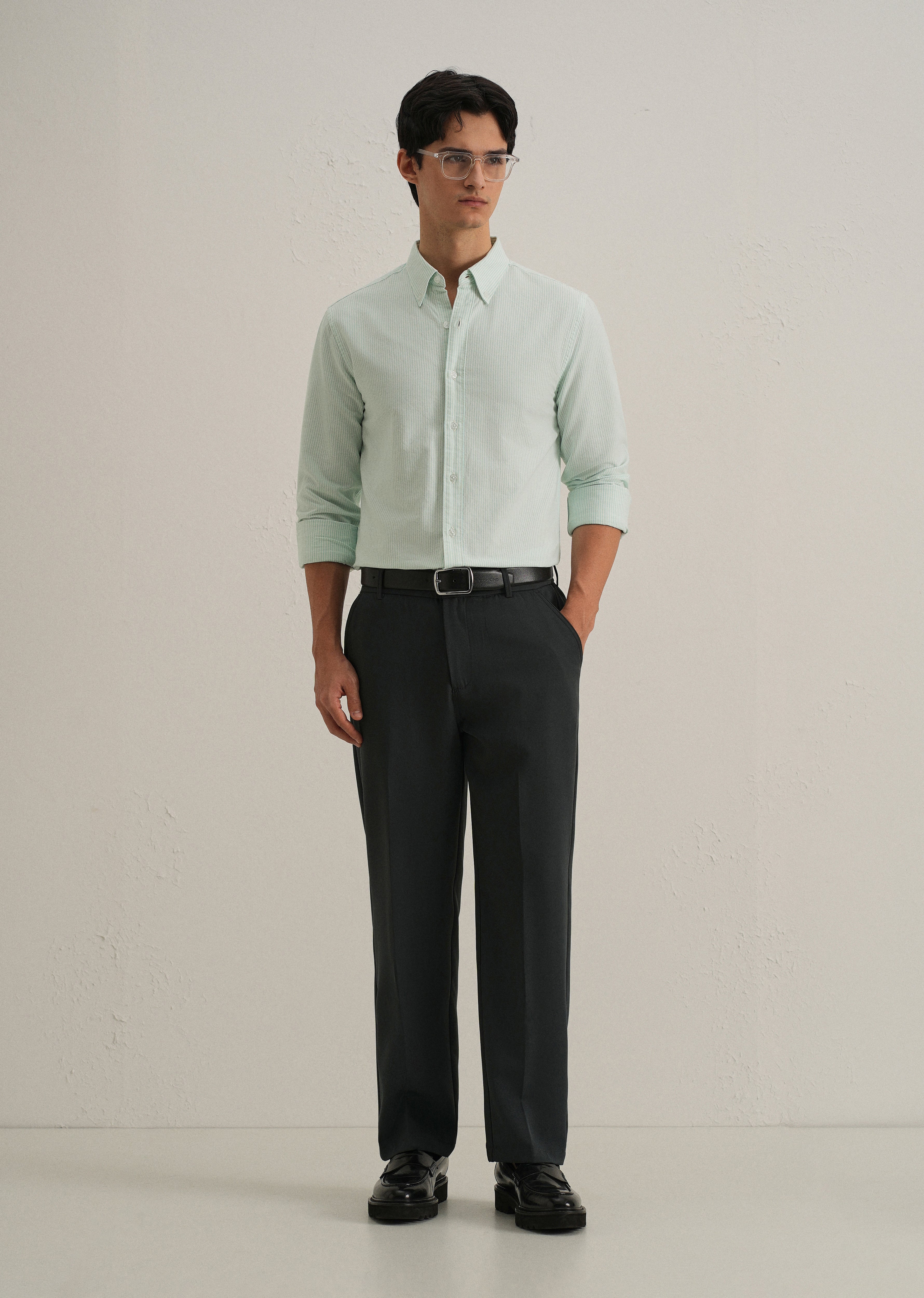 Sea Green Vertical Striped Cotton Shirt