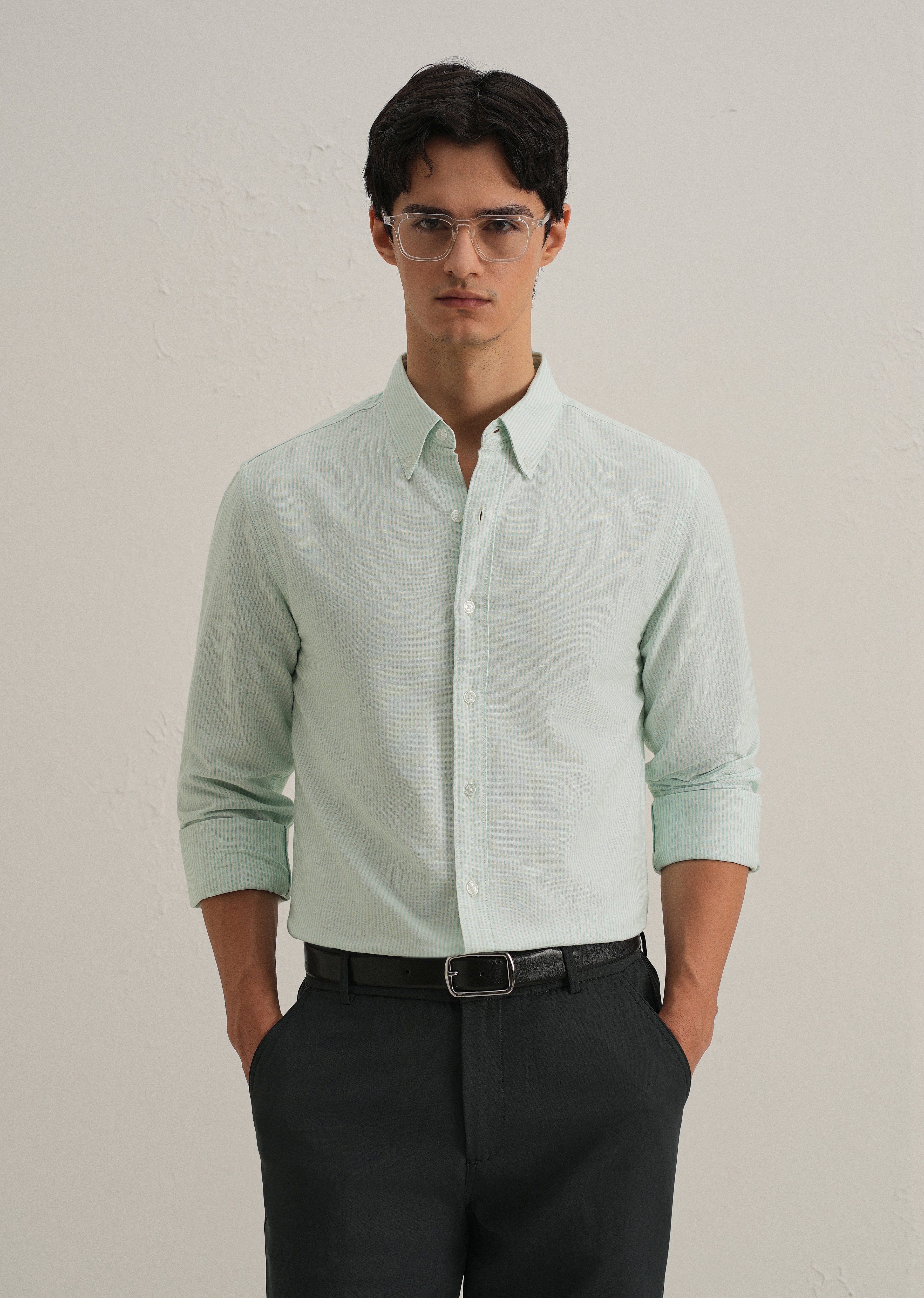 Sea Green Vertical Striped Cotton Shirt