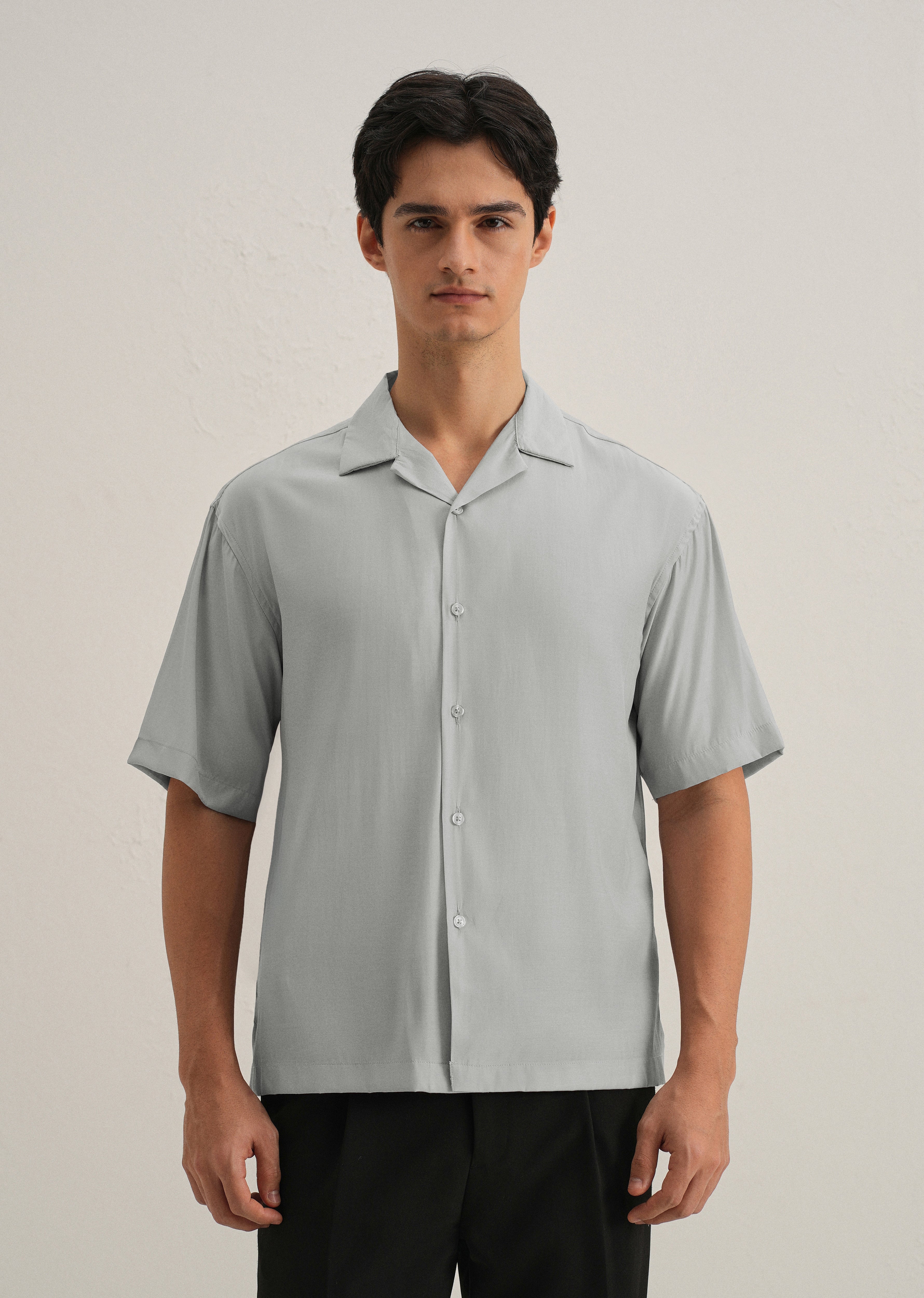 Shadow Grey Plain Sheen Cuban Collar Shirt