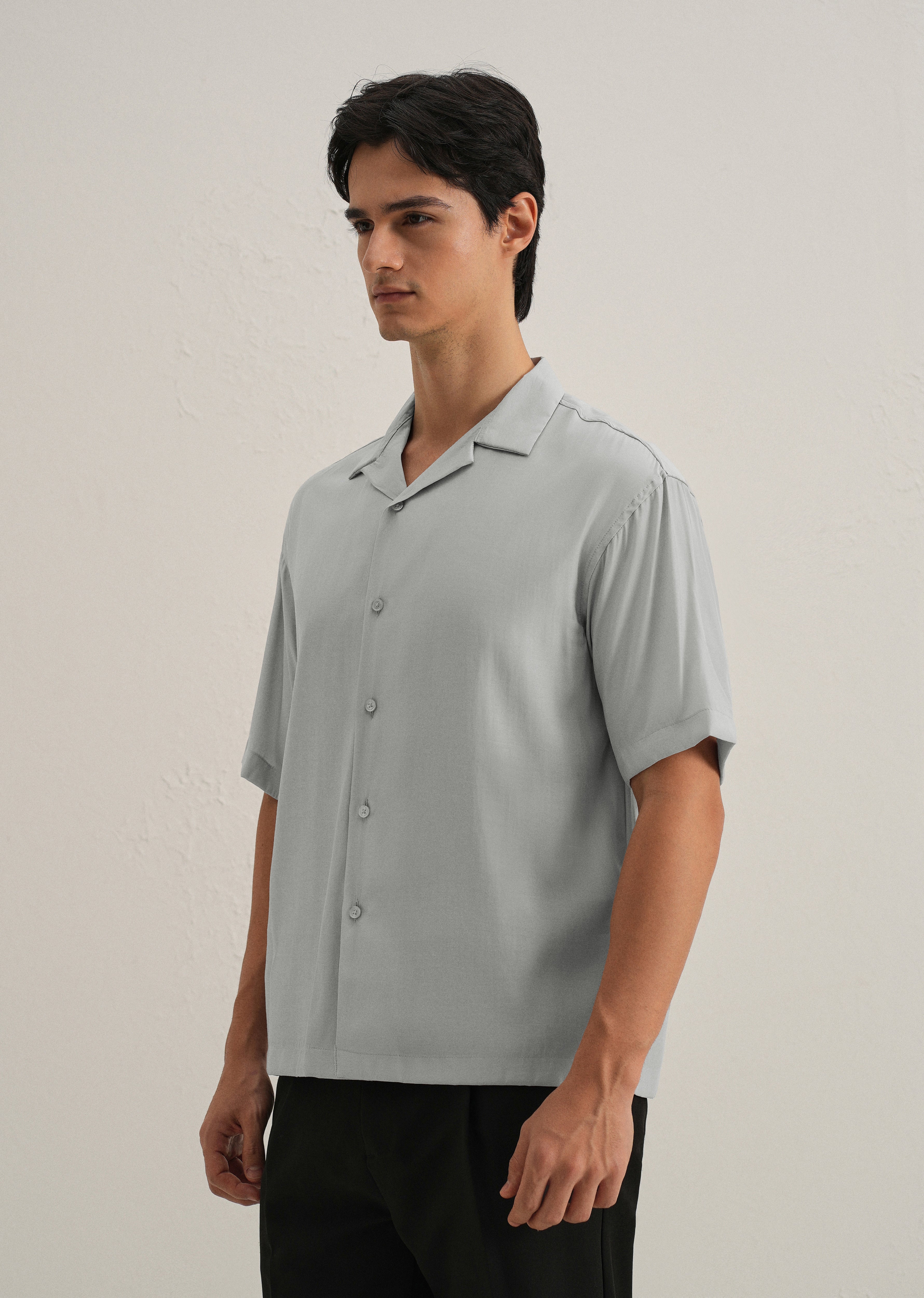 Shadow Grey Plain Sheen Cuban Collar Shirt