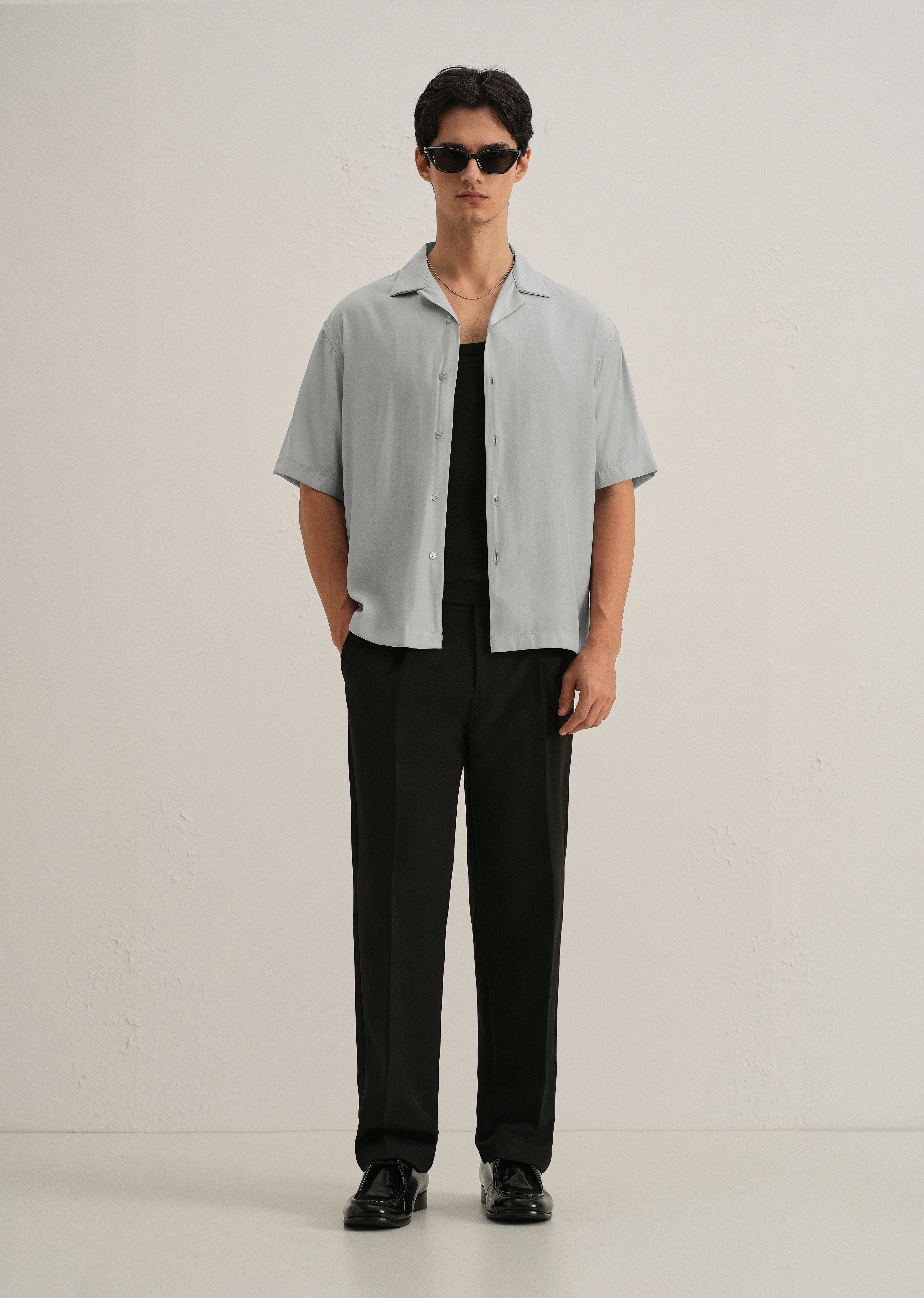 Shadow Grey Plain Sheen Cuban Collar Shirt