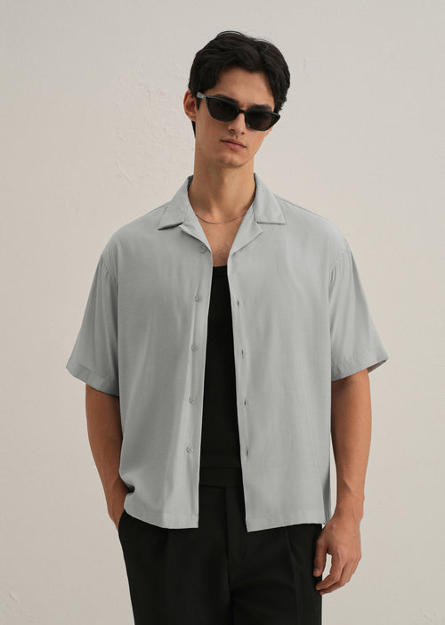 Shadow Grey Plain Sheen Cuban Collar Shirt