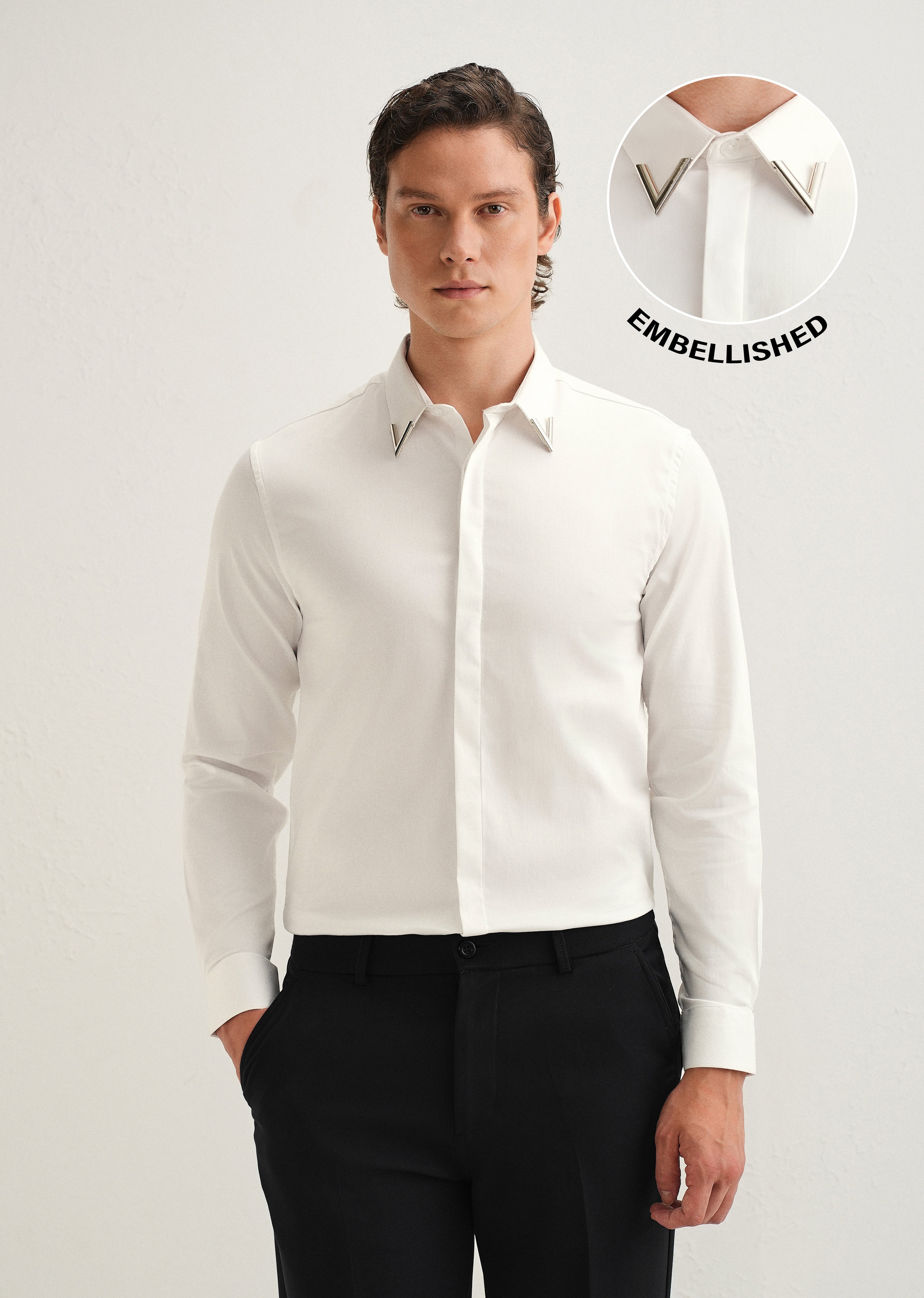 Silver-Tipped Collar White Designer Shirt