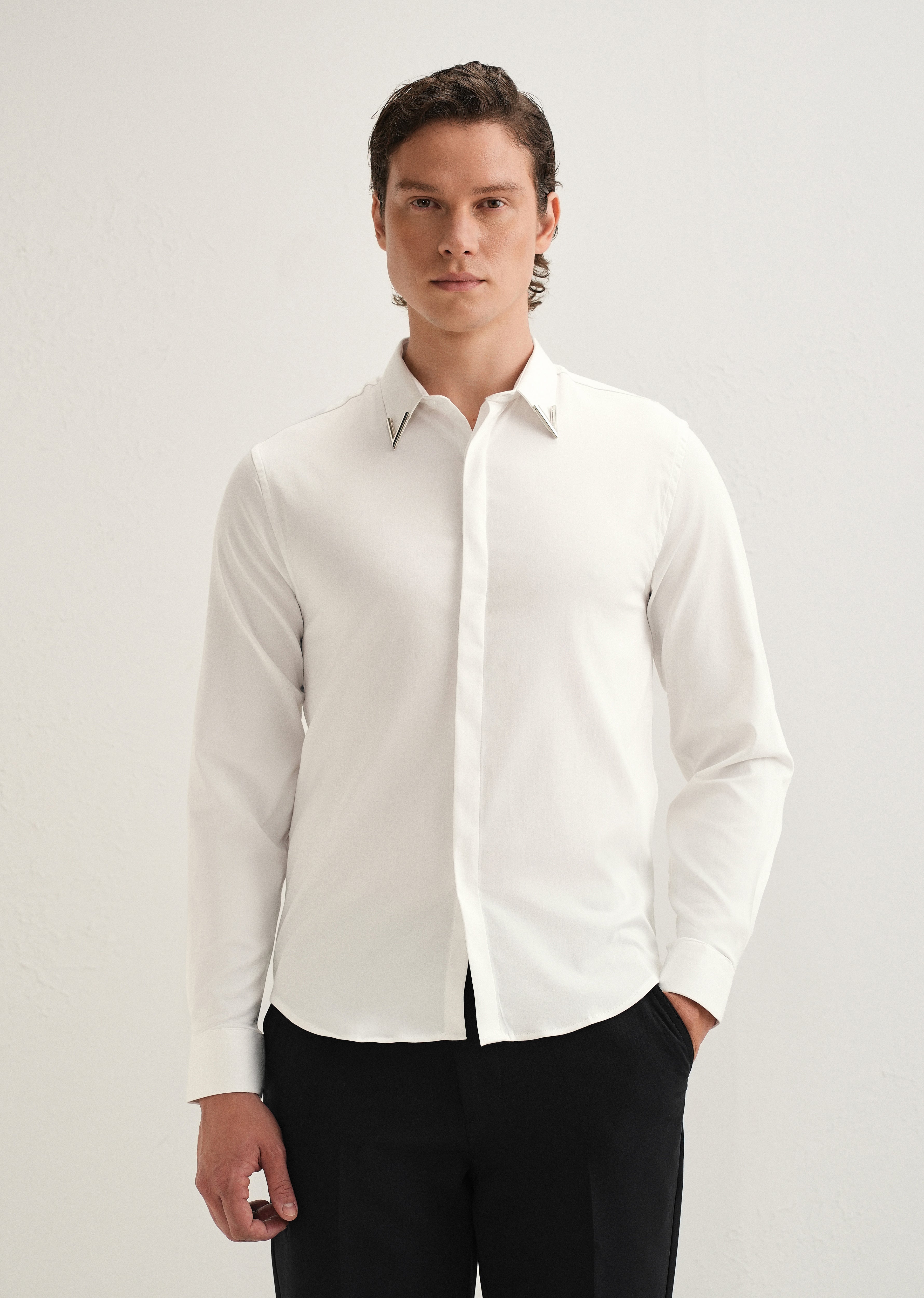 Silver-Tipped Collar White Designer Shirt