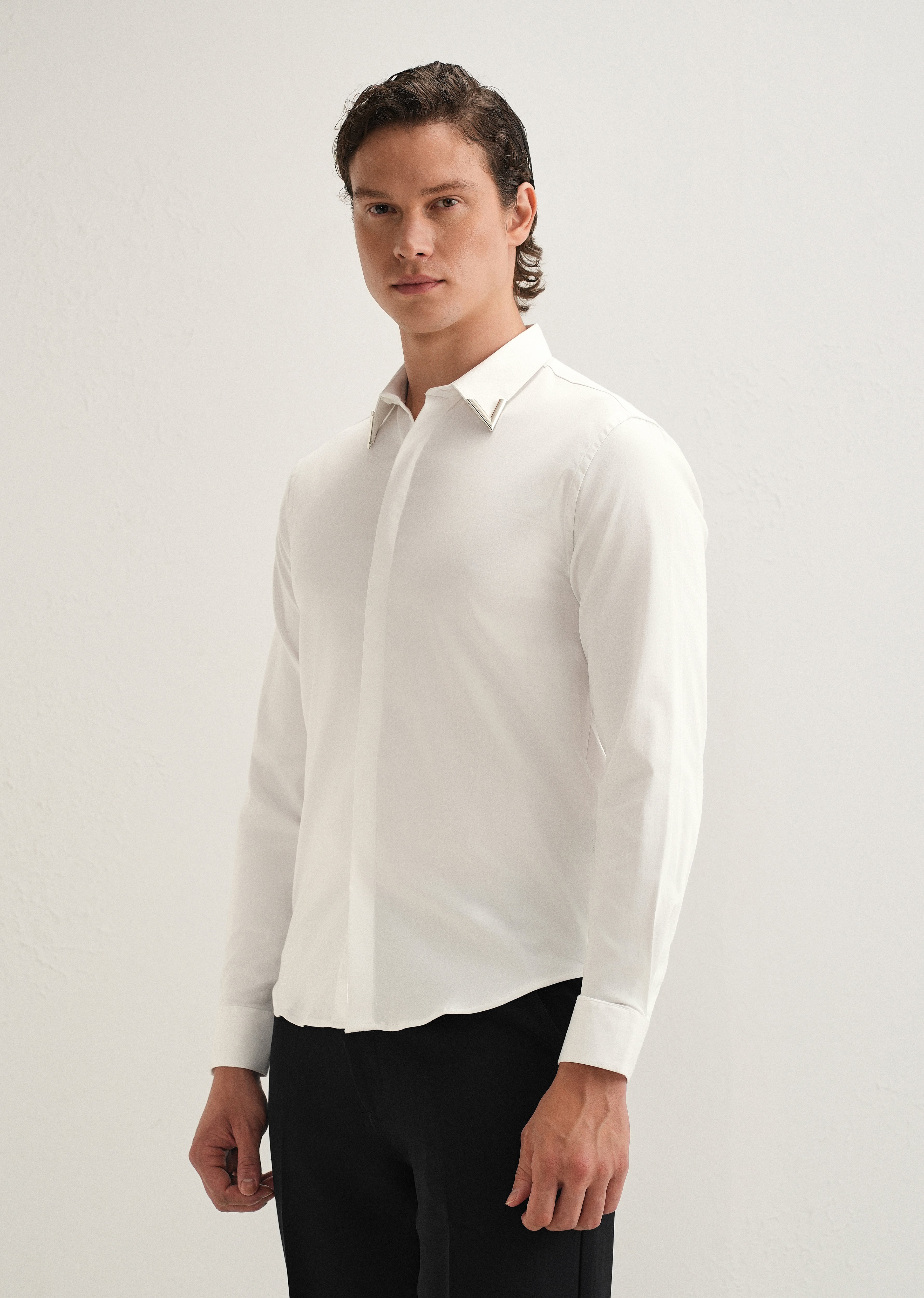 Silver-Tipped Collar White Designer Shirt