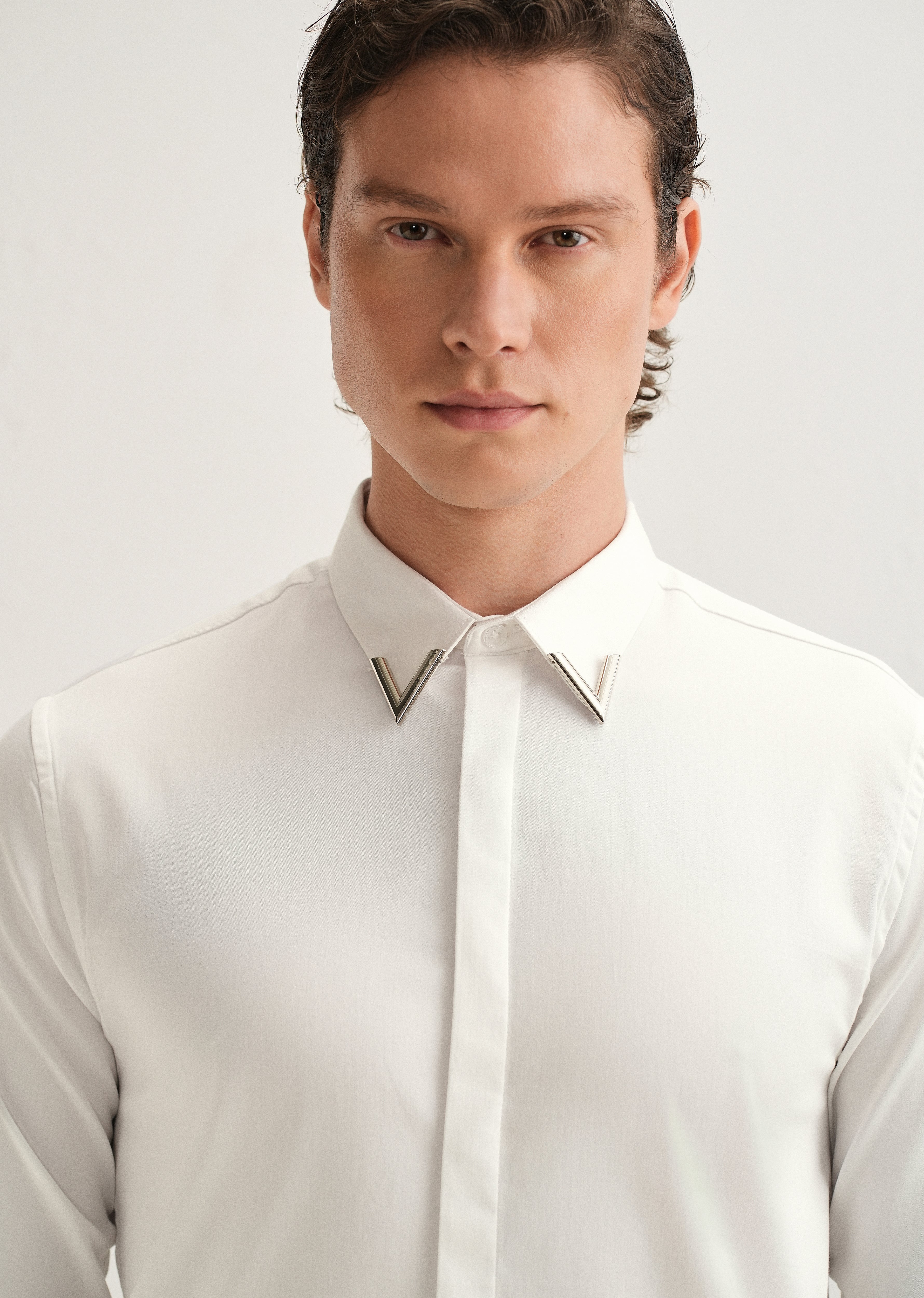 Silver-Tipped Collar White Designer Shirt