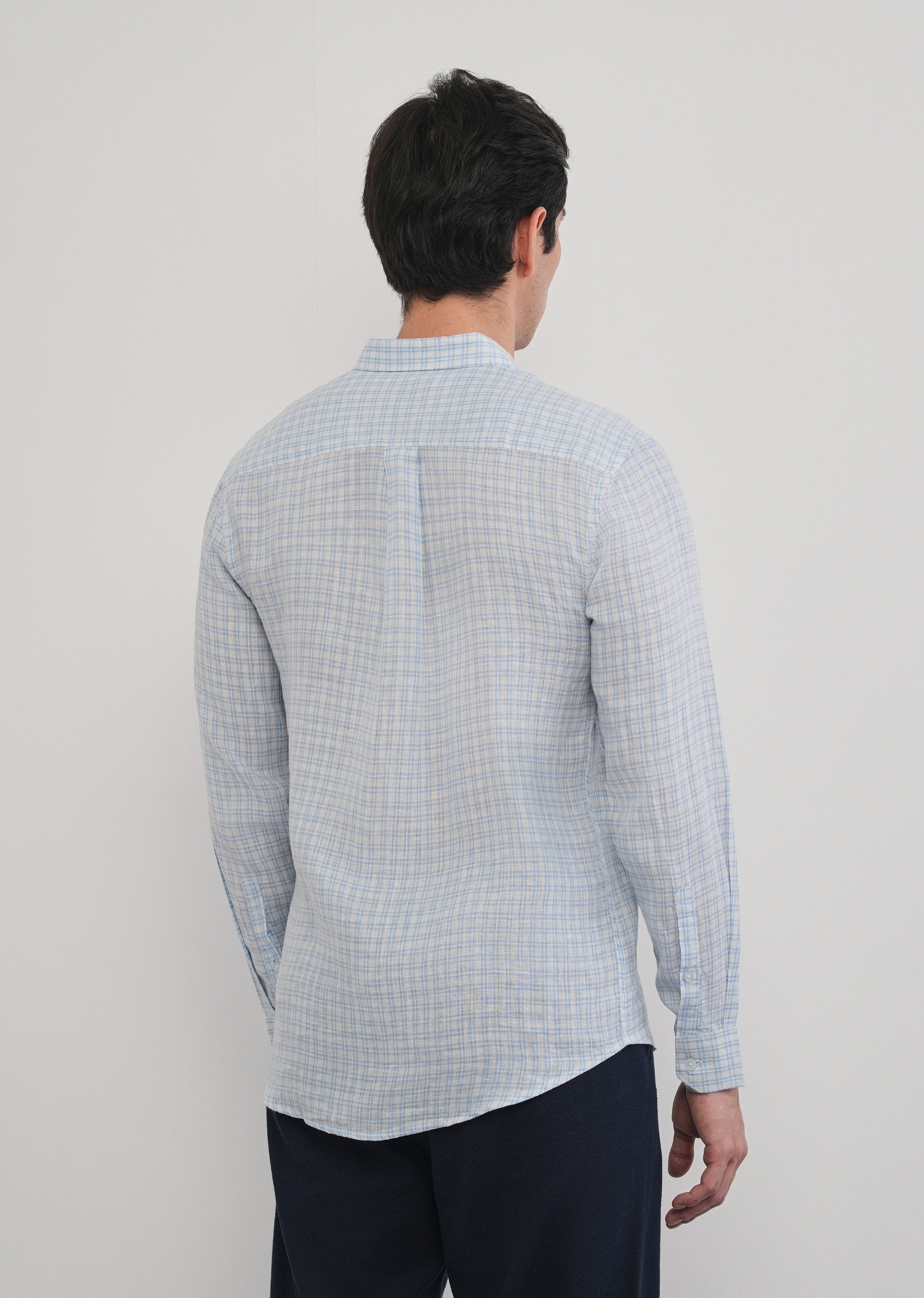 Sky Blue 100% Pure Linen Check Shirt