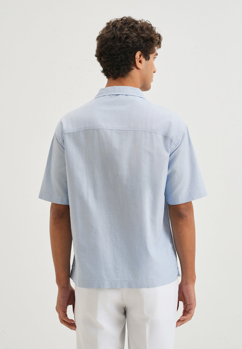 Sky Blue Embroidery Cuban Collar Cotton Shirt
