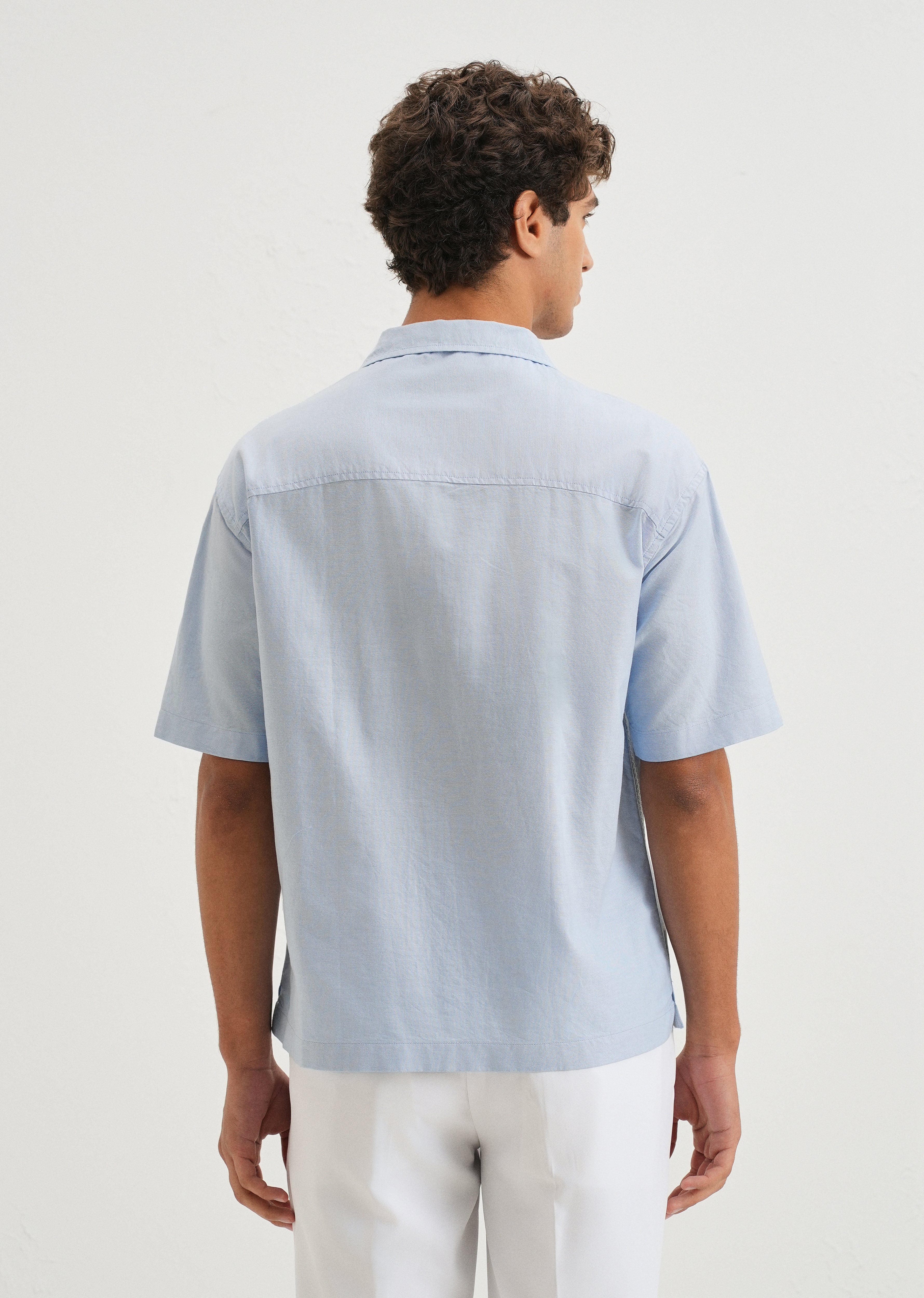 Sky Blue Embroidery Cuban Collar Cotton Shirt