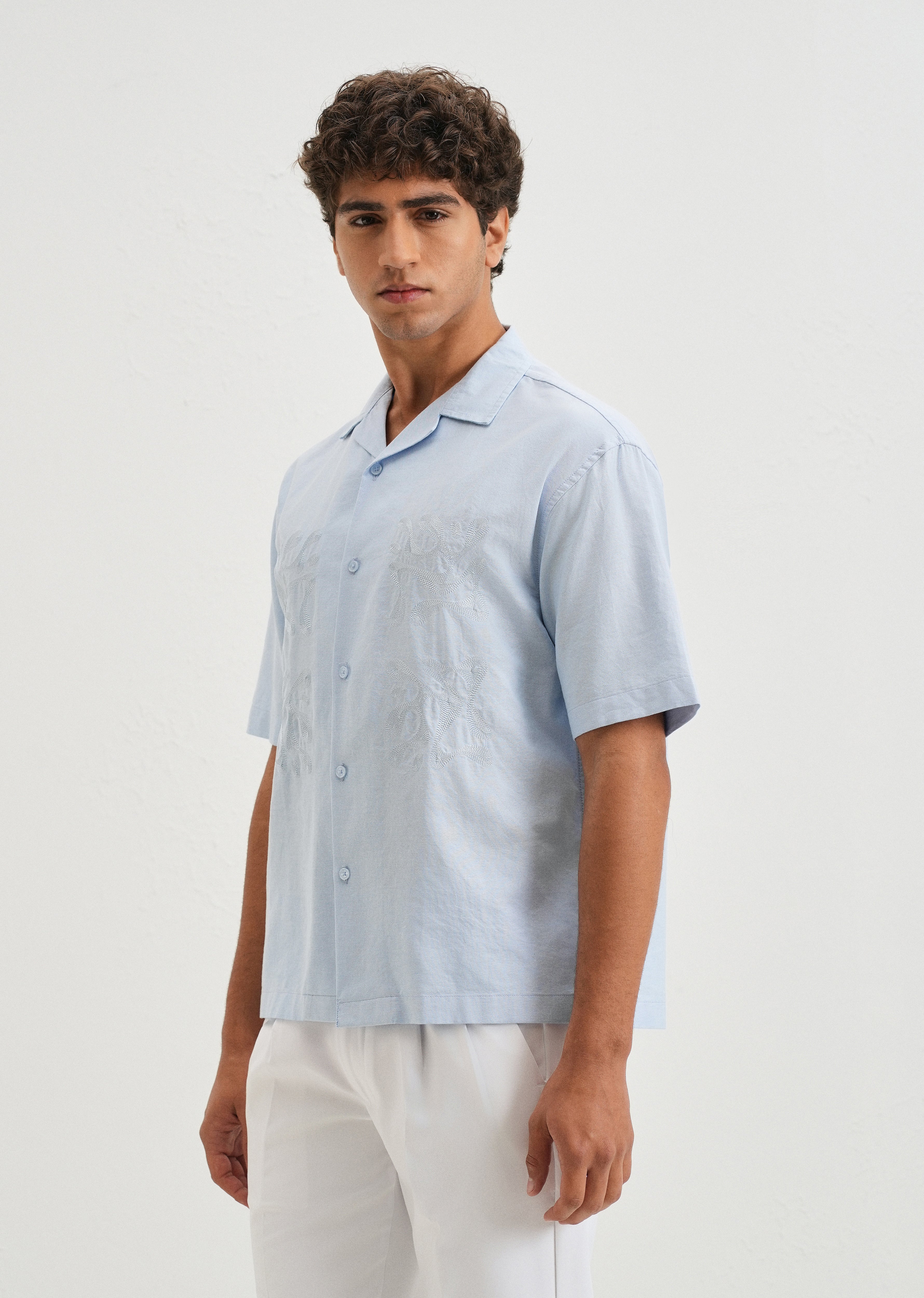 Sky Blue Embroidery Cuban Collar Cotton Shirt