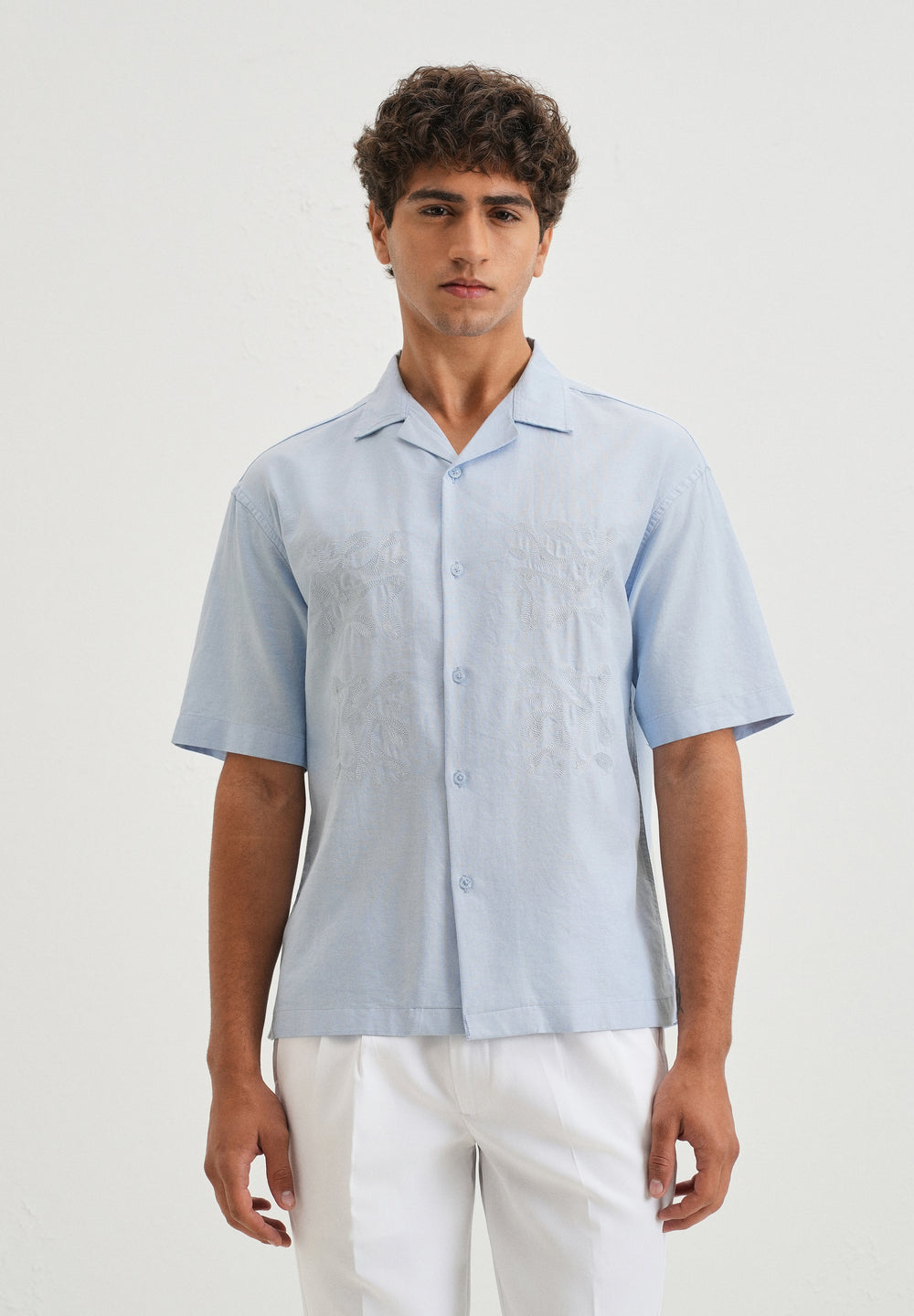 Sky Blue Embroidery Cuban Collar Cotton Shirt