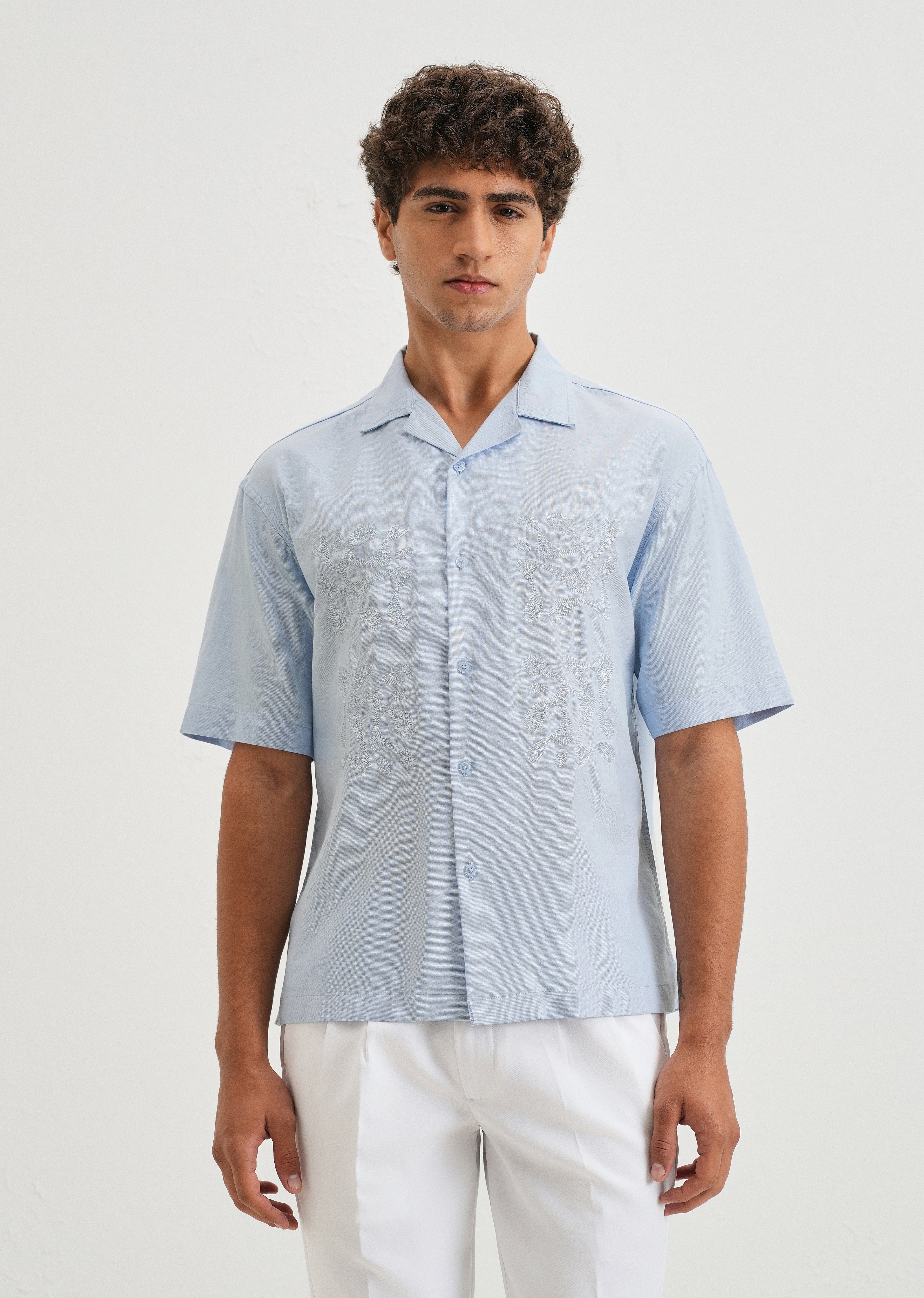 Sky Blue Embroidery Cuban Collar Cotton Shirt