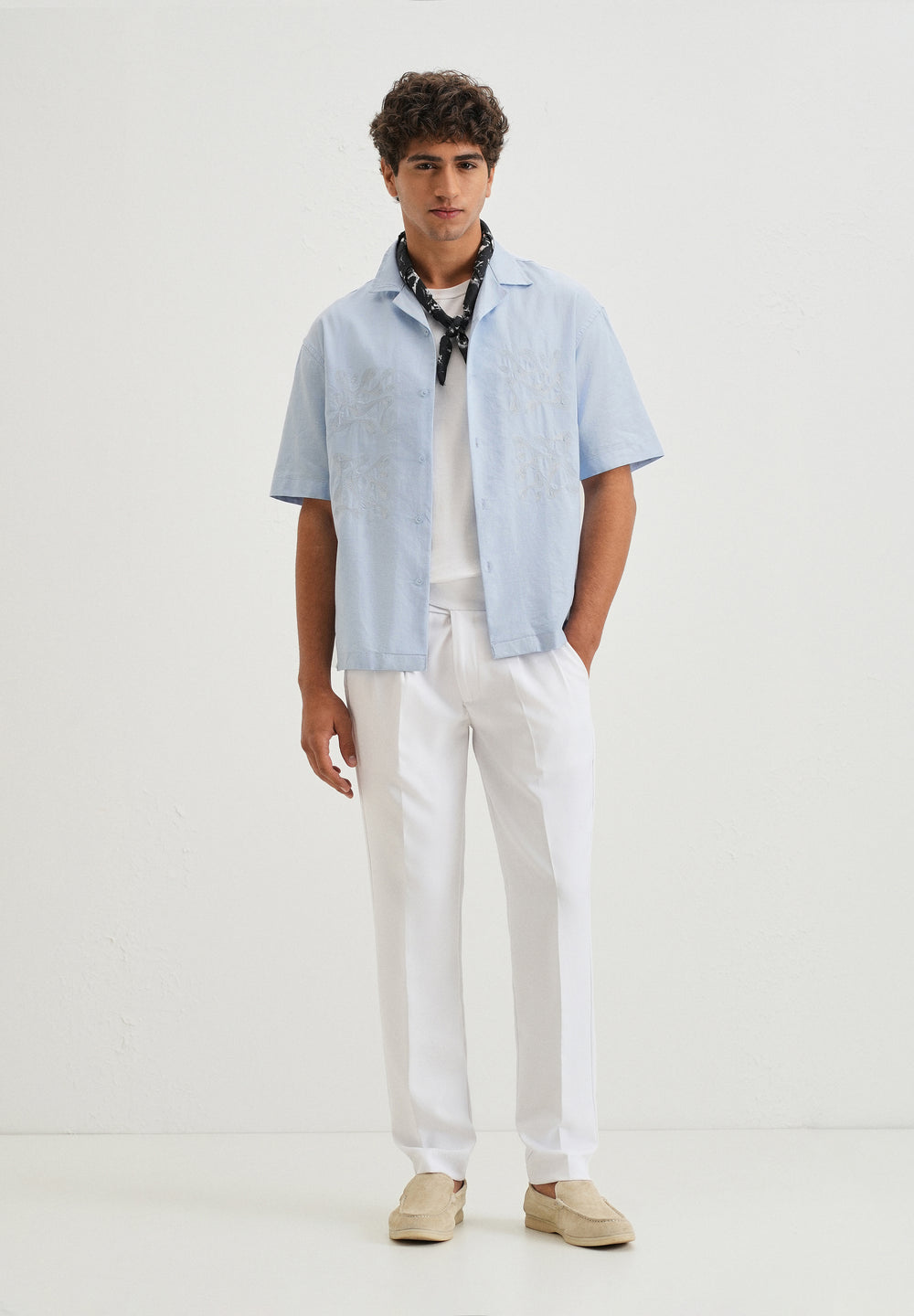 Sky Blue Embroidery Cuban Collar Cotton Shirt