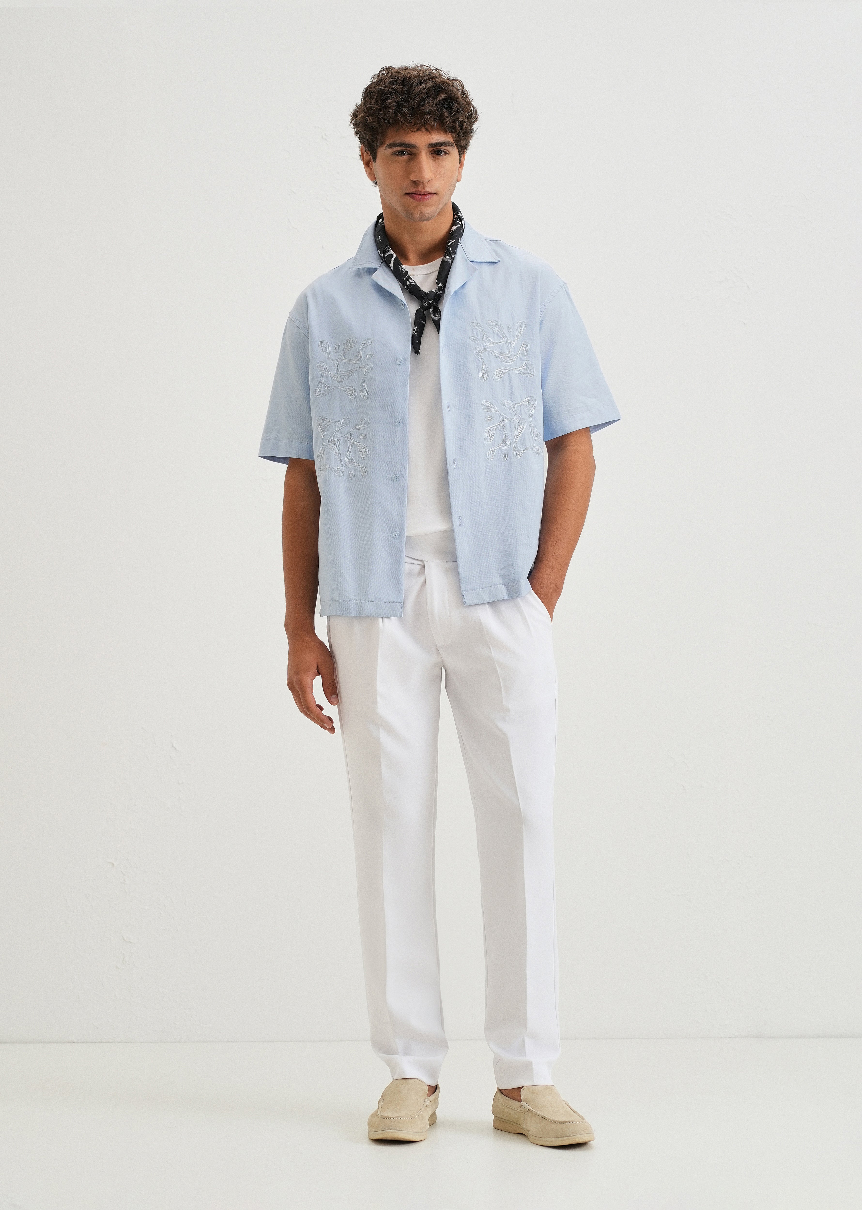 Sky Blue Embroidery Cuban Collar Cotton Shirt