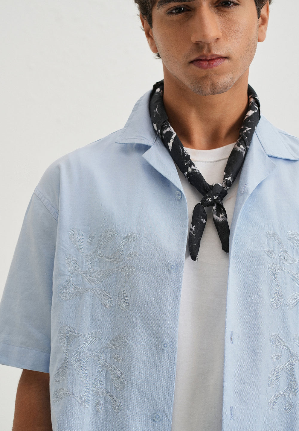 Sky Blue Embroidery Cuban Collar Cotton Shirt