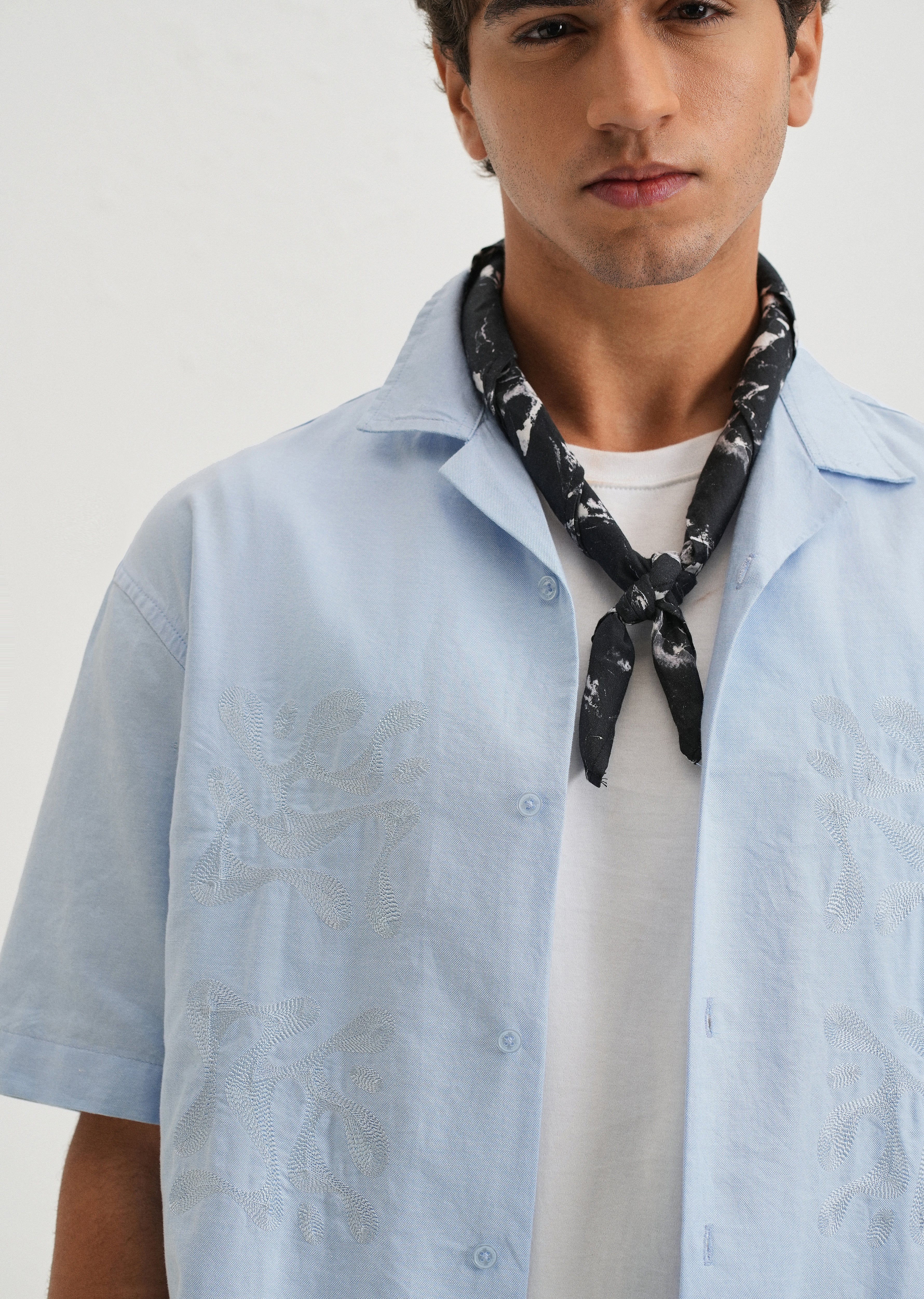 Sky Blue Embroidery Cuban Collar Cotton Shirt