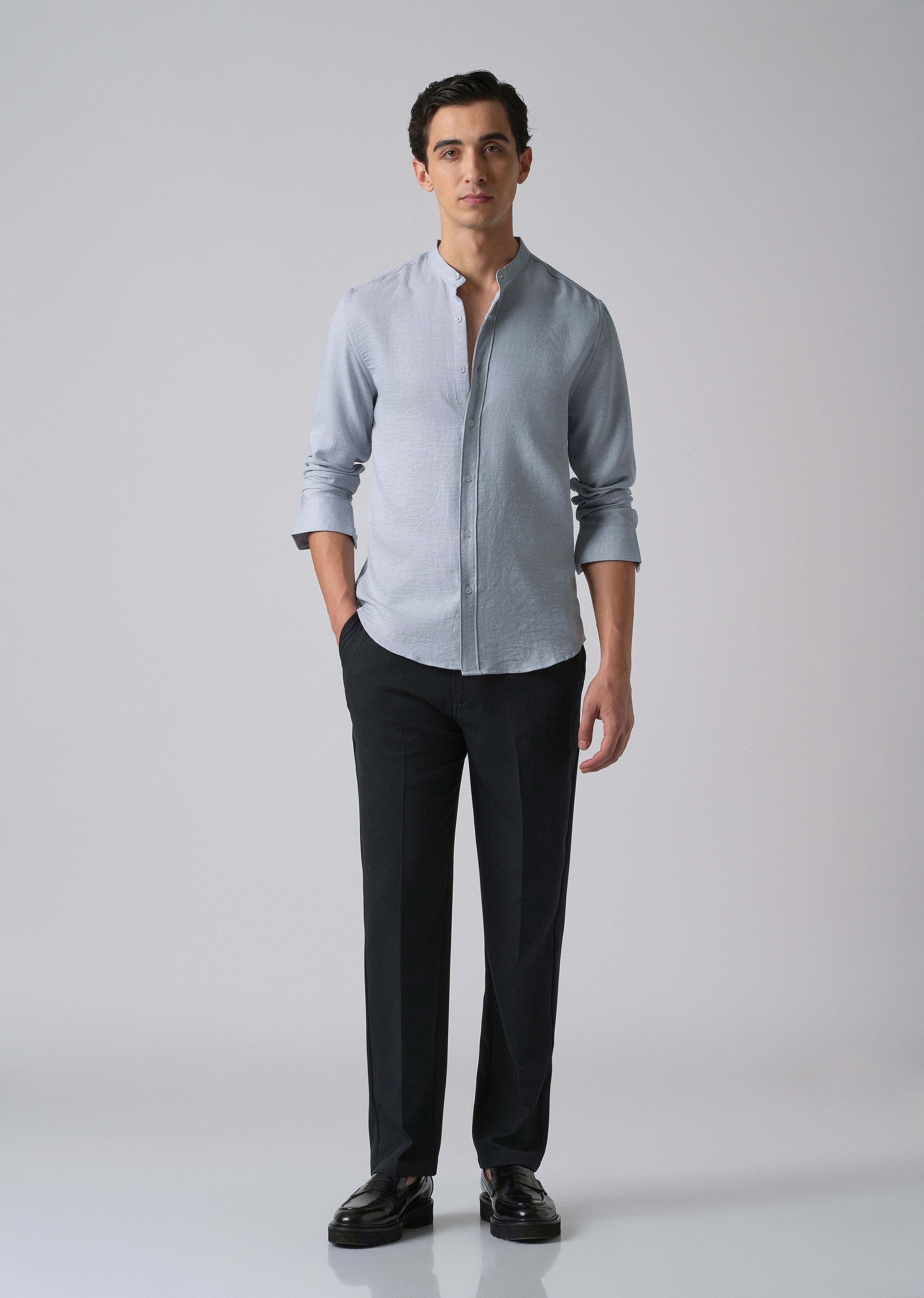 Sky Blue Plain Mandarin Collar Shirt