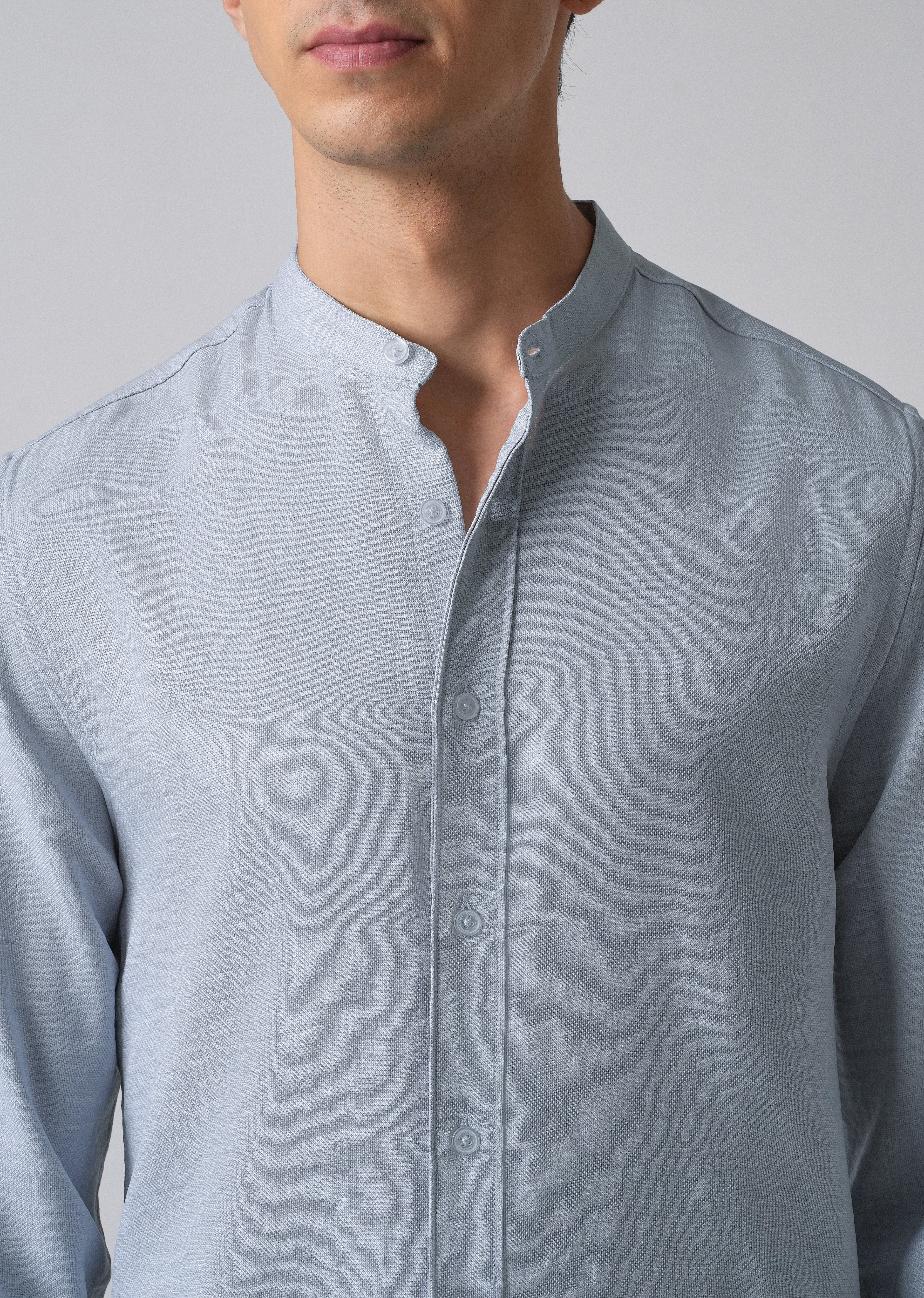 Sky Blue Plain Mandarin Collar Shirt