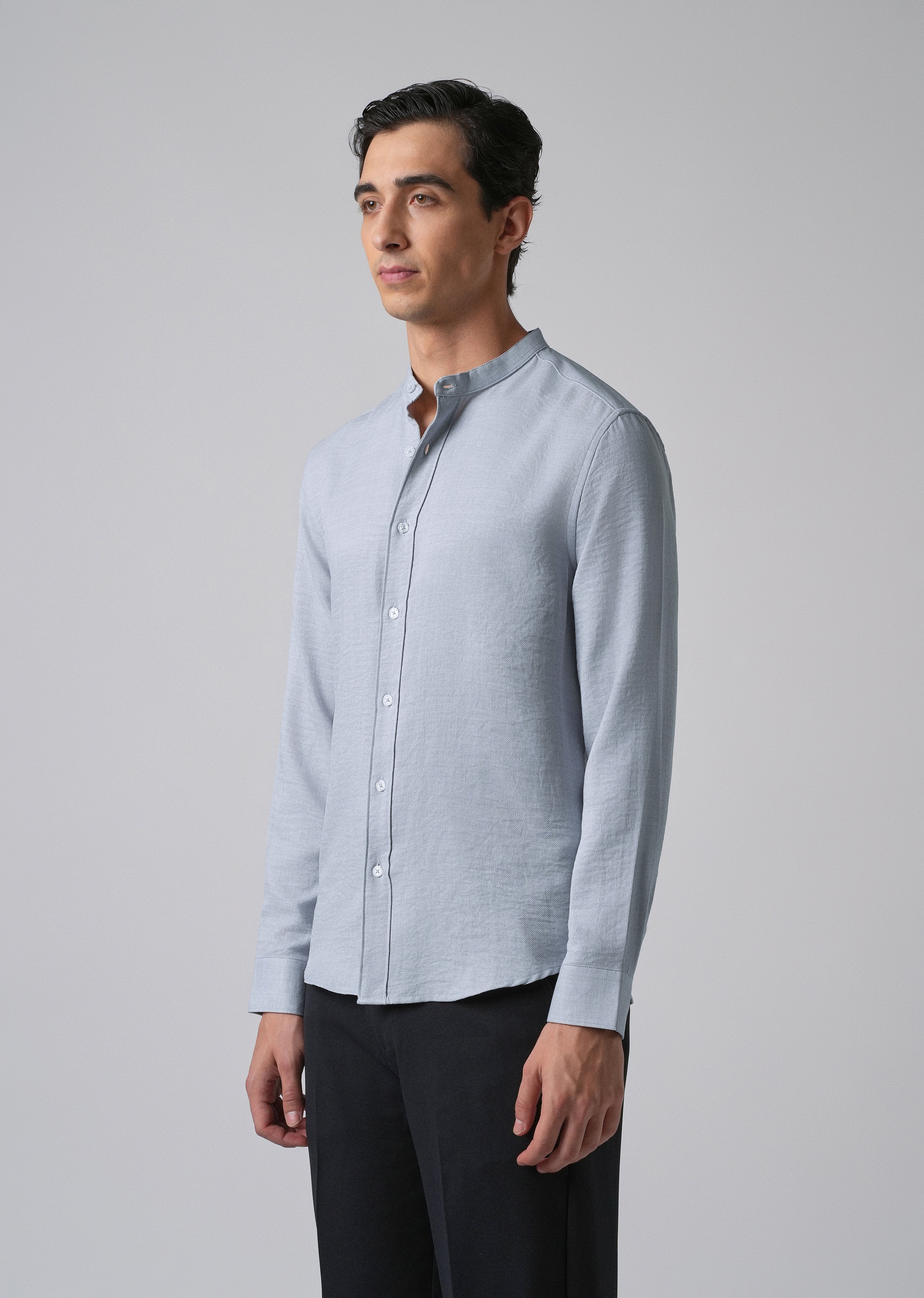 Sky Blue Plain Mandarin Collar Shirt