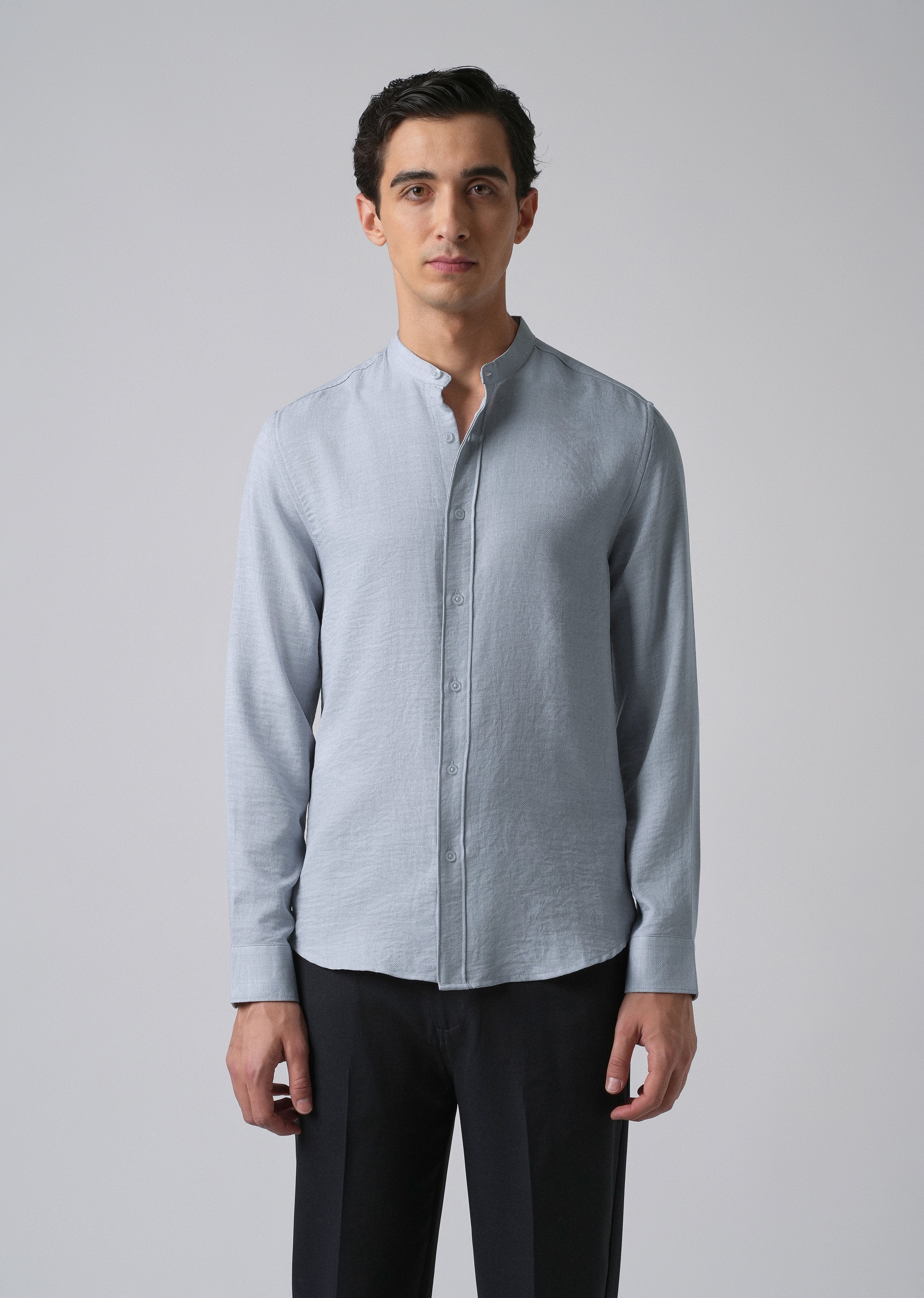 Sky Blue Plain Mandarin Collar Shirt