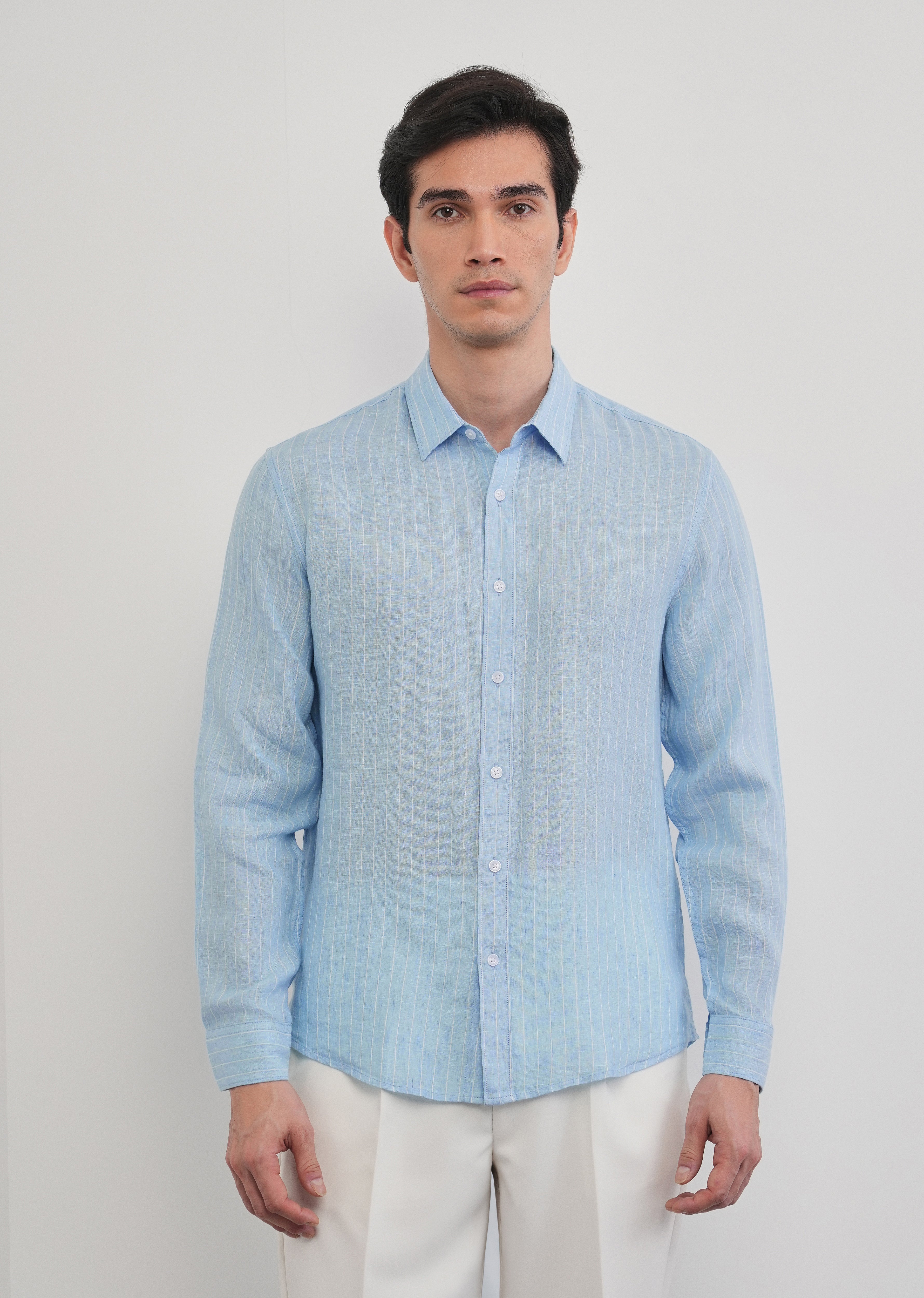 100% Linen Sky Blue Stripe Shirt