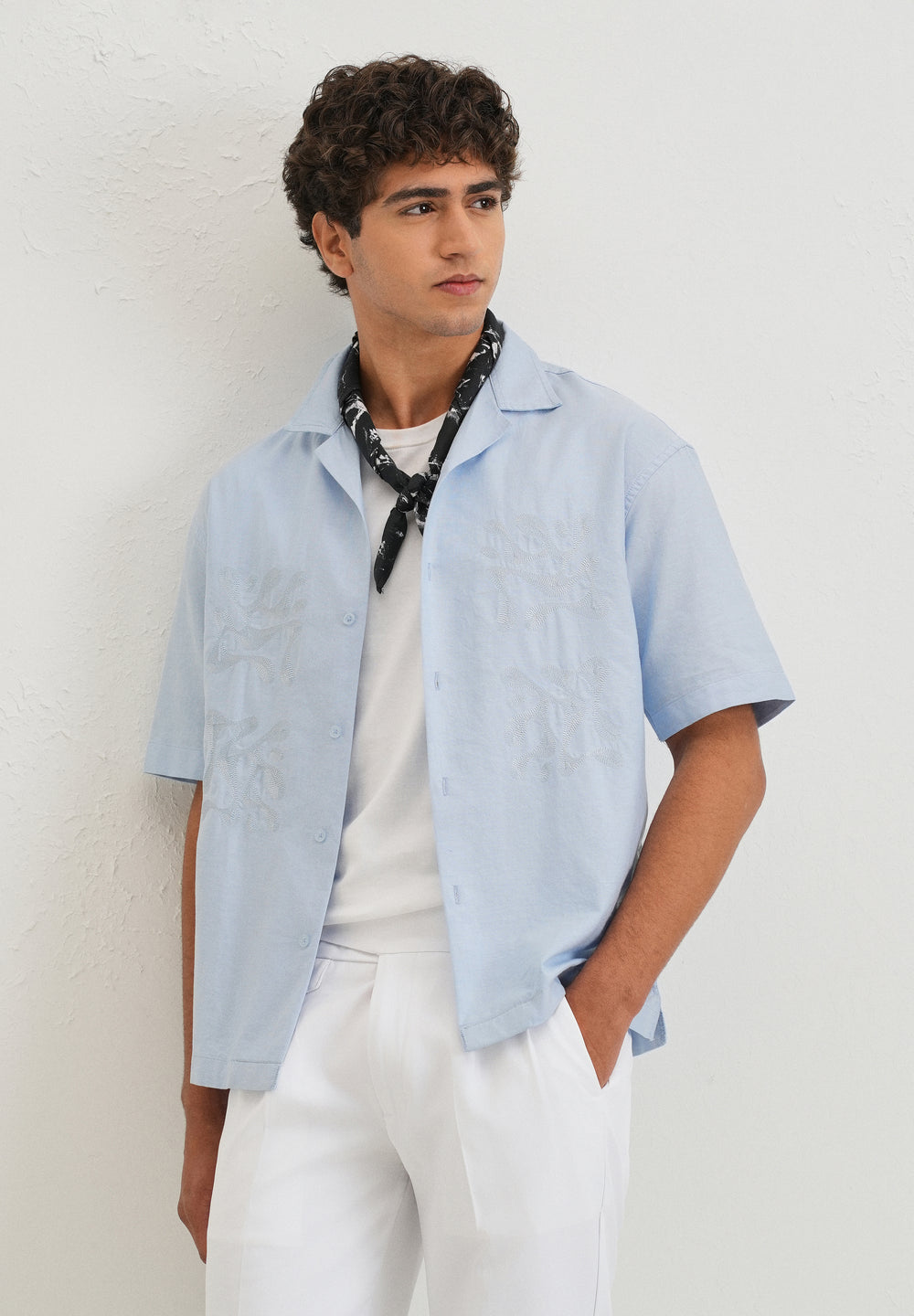 Sky Blue Embroidery Cuban Collar Cotton Shirt