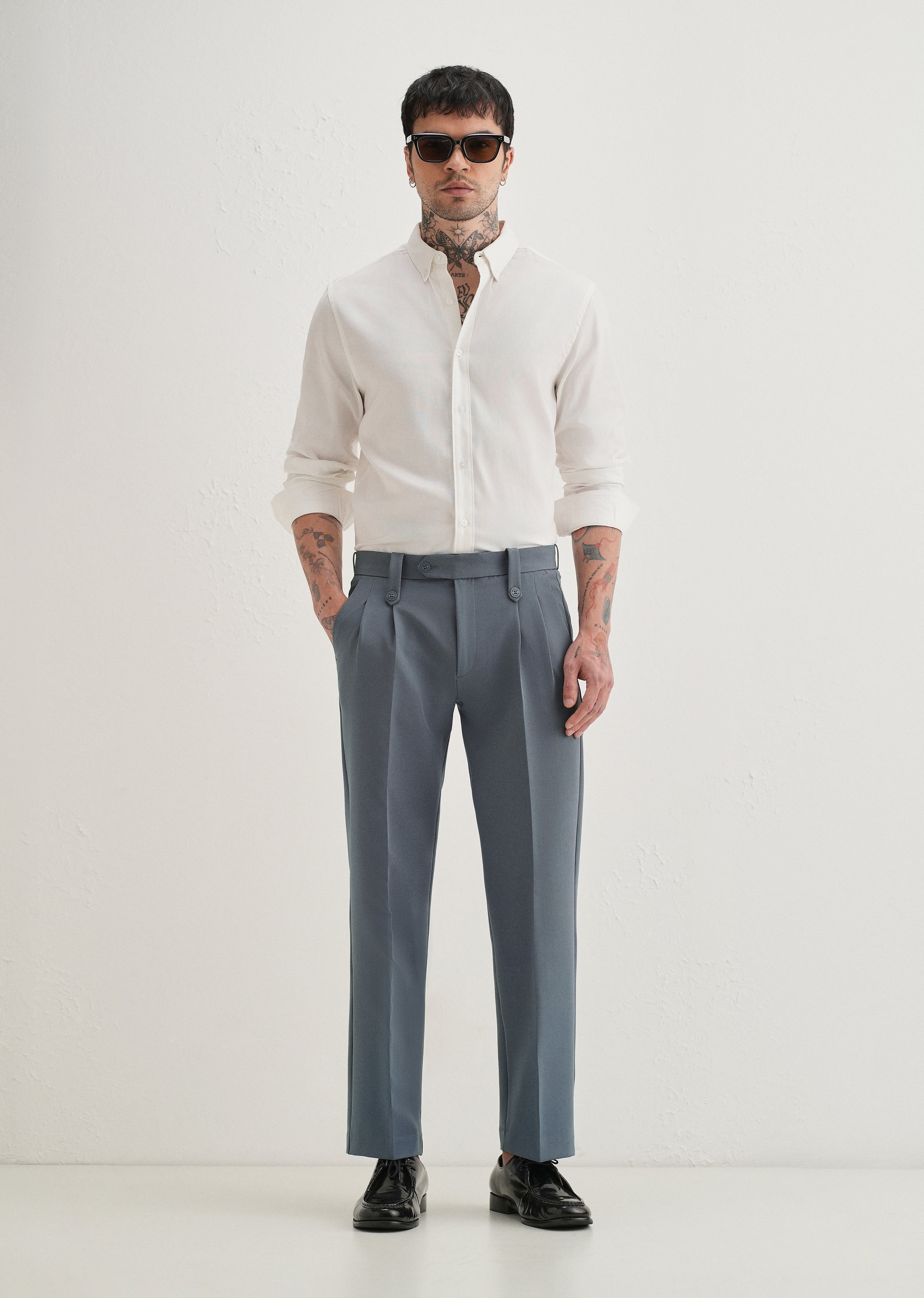 Slate Grey Button-Tab Pleat Trouser