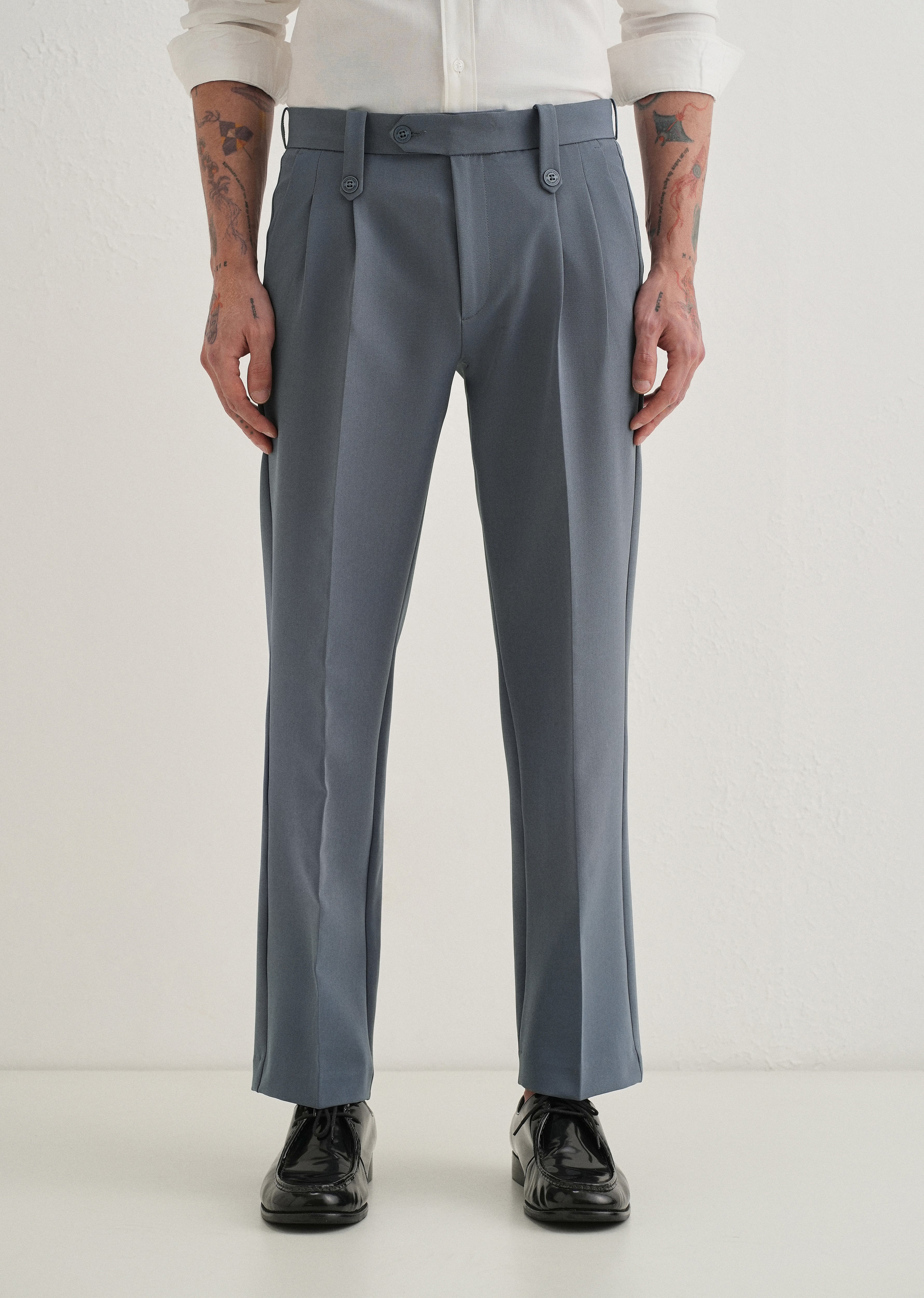 Slate Grey Button-Tab Pleat Trouser
