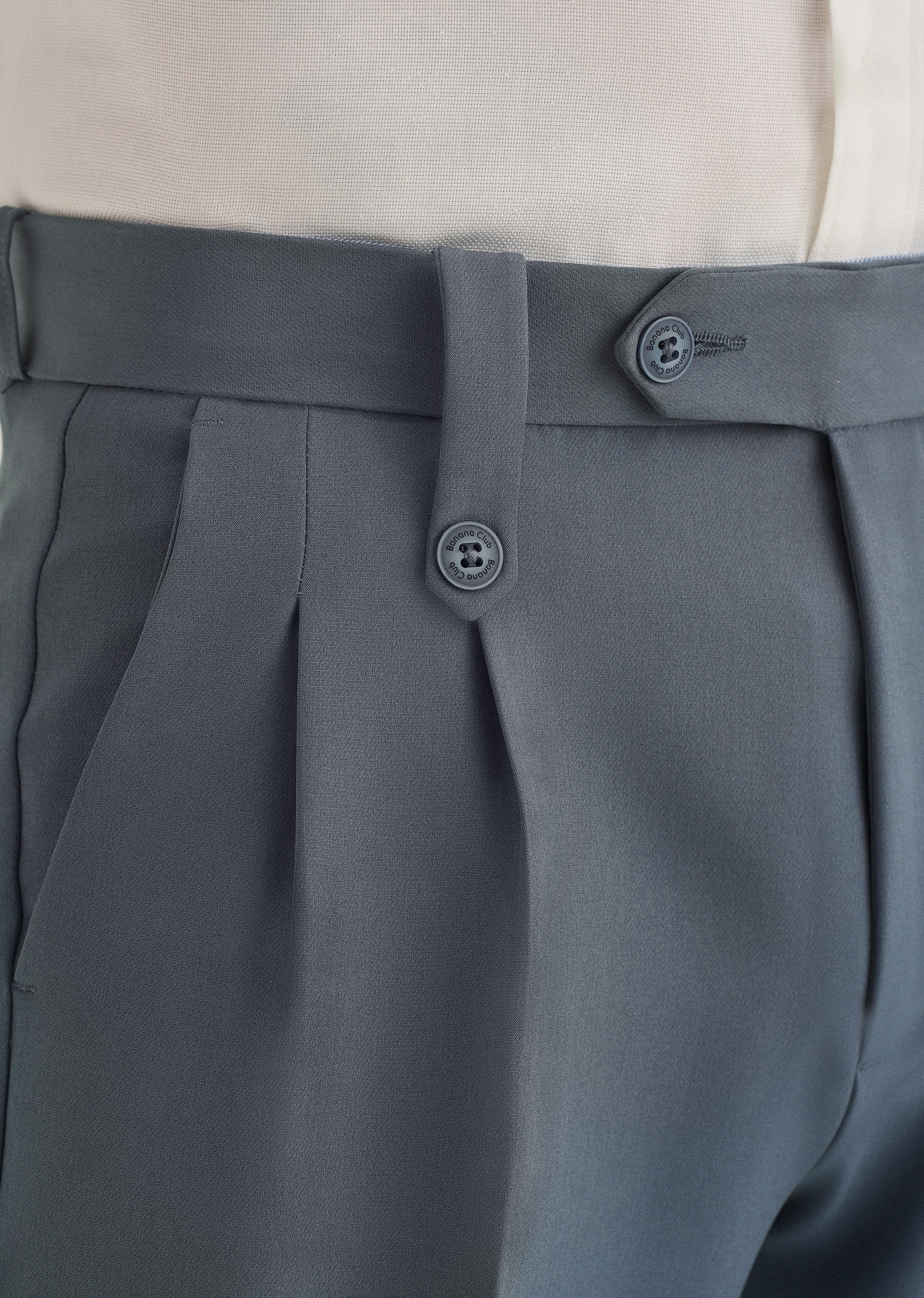 Slate Grey Button-Tab Pleat Trouser