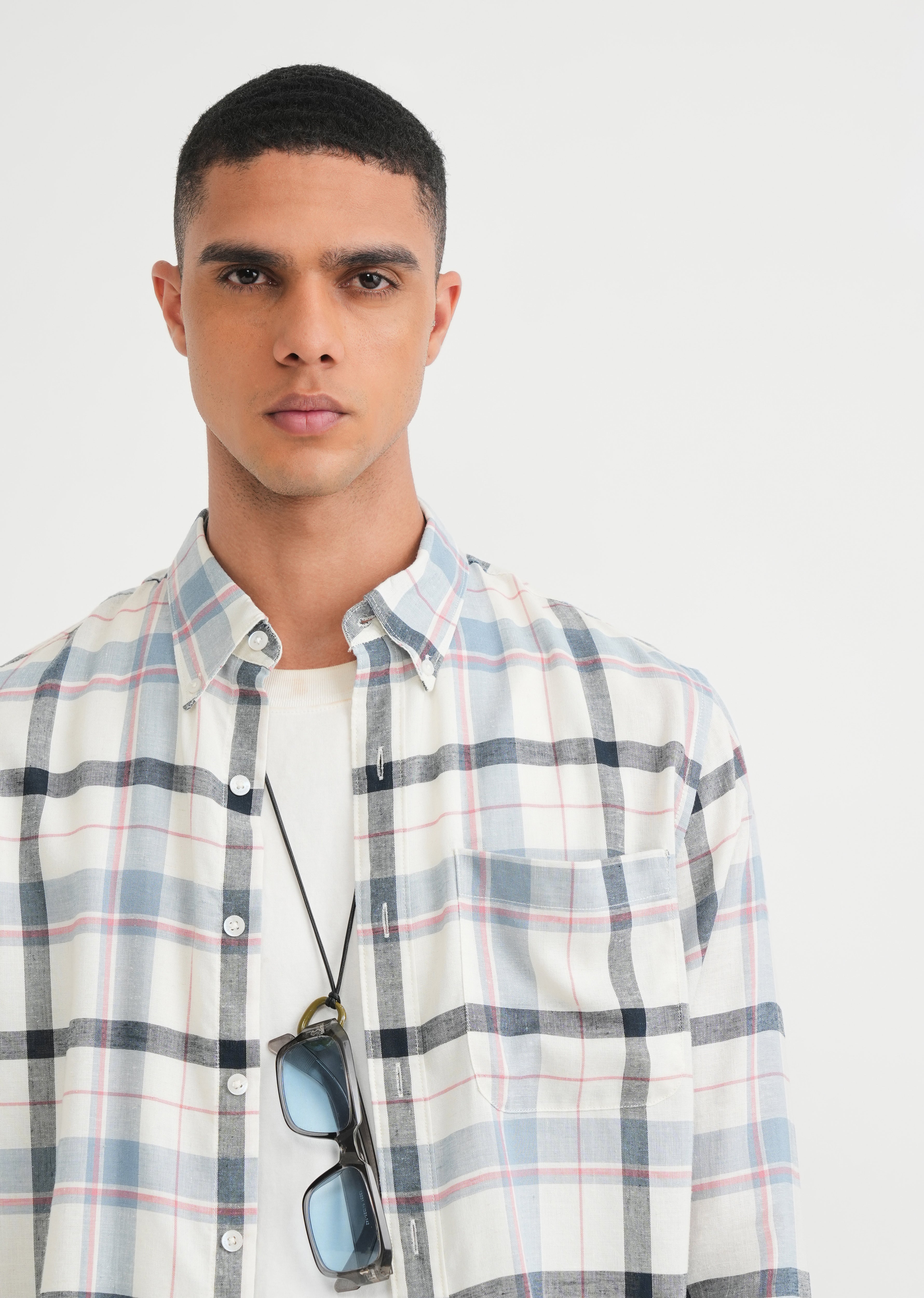Steel Blue Lyocell Linen Check Shirt