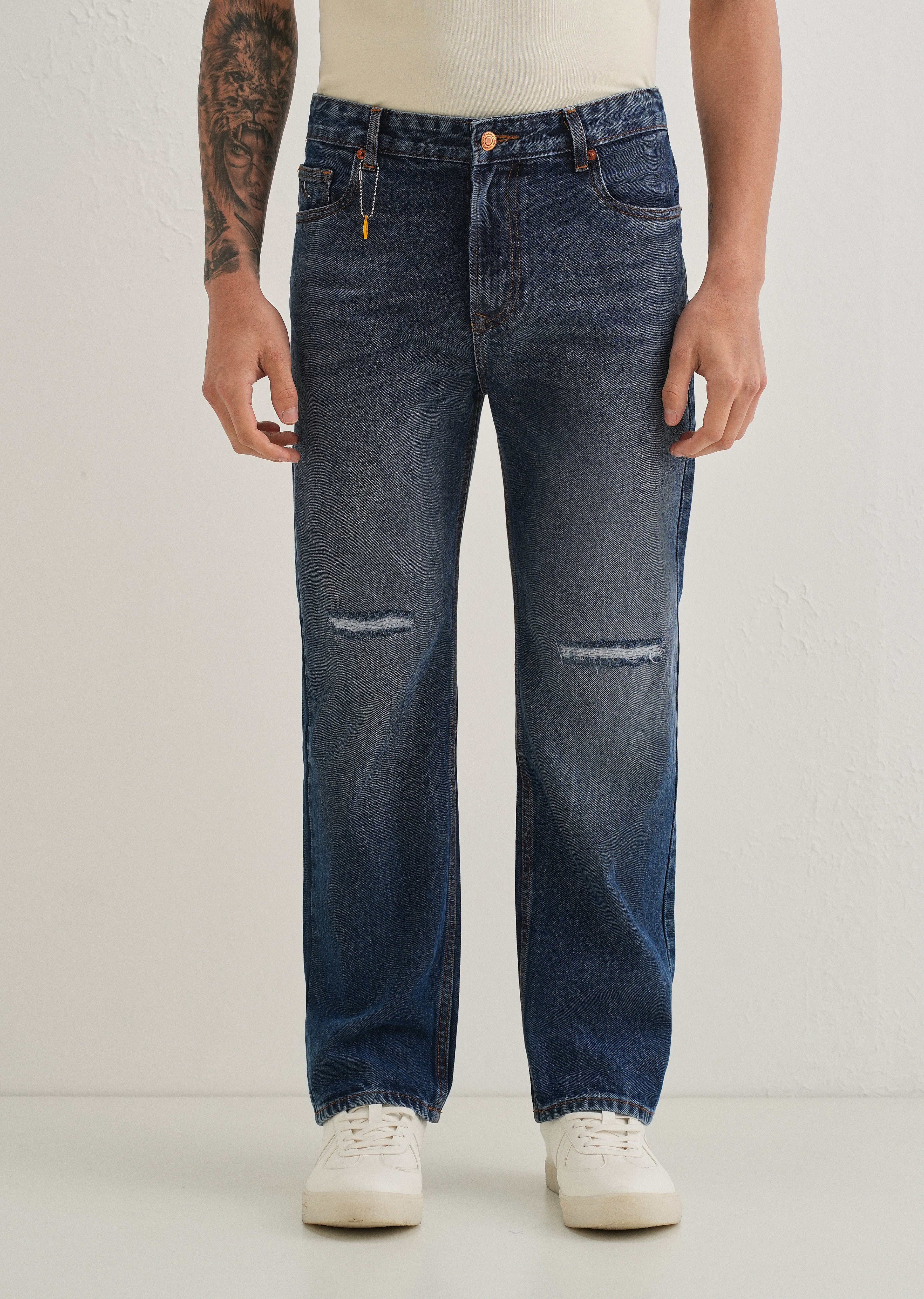 Stone Blue Distressed Straight Jeans