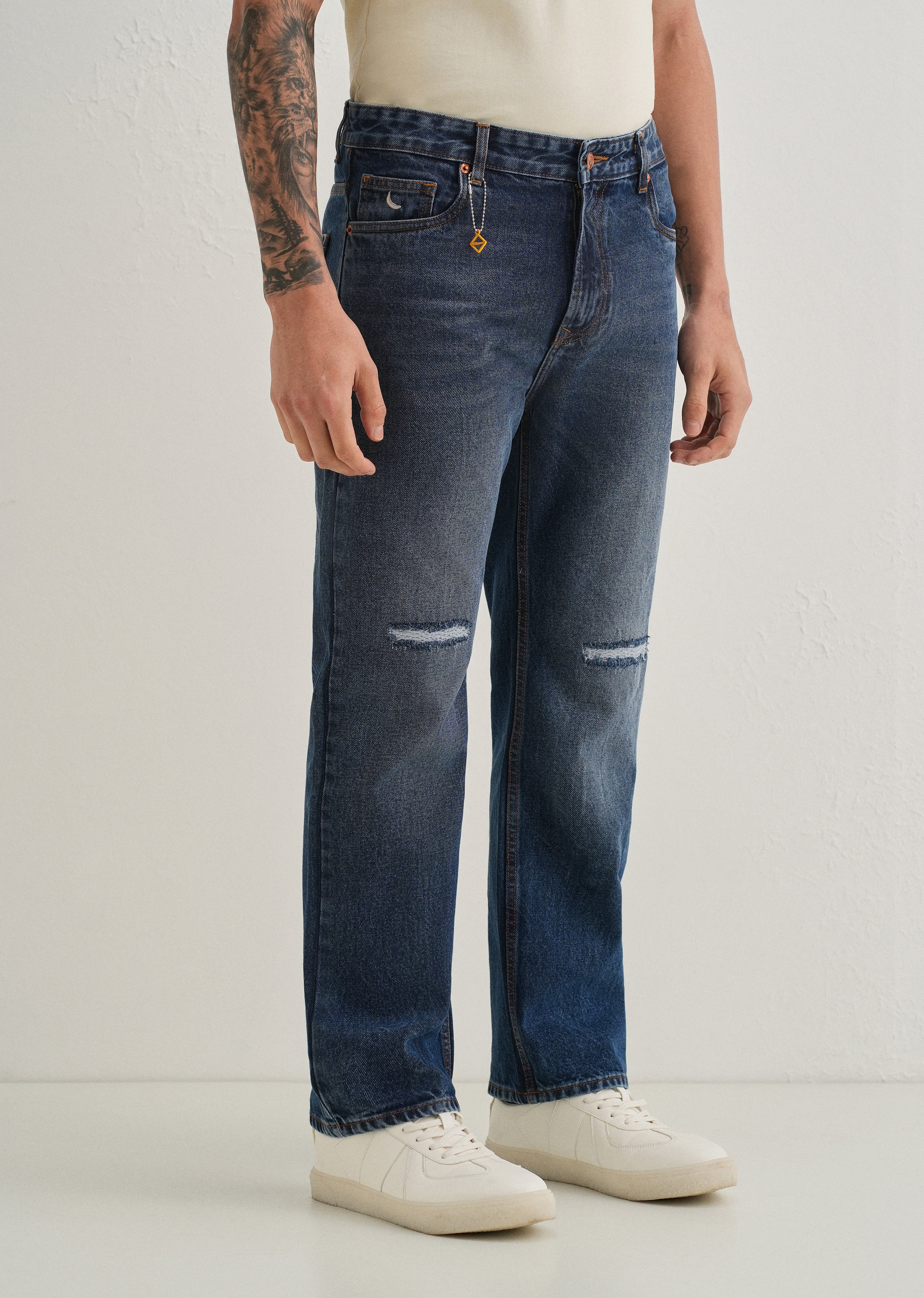 Stone Blue Distressed Straight Jeans