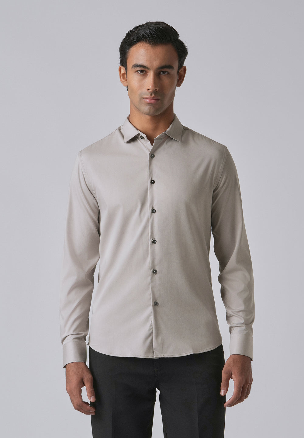 Stone Grey Cotton Stretch Plain Shirt