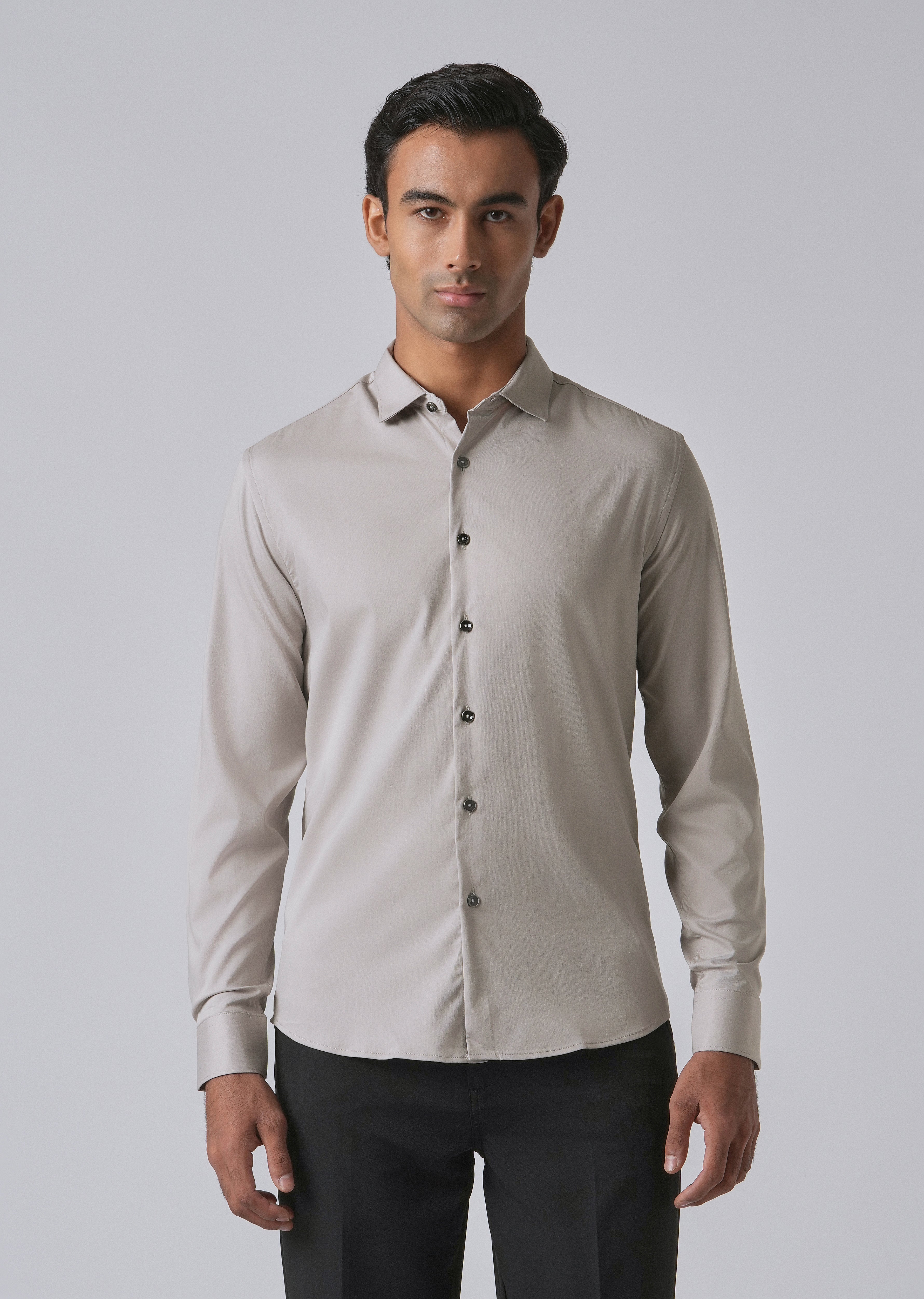 Stone Grey Cotton Stretch Plain Shirt