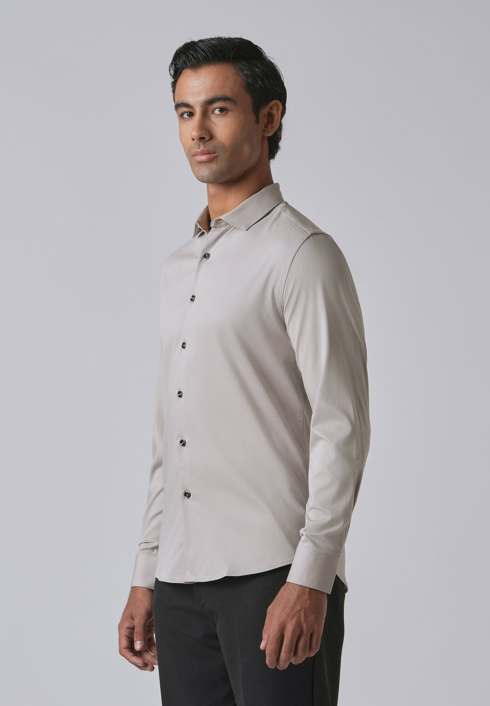 Stone Grey Cotton Stretch Plain Shirt