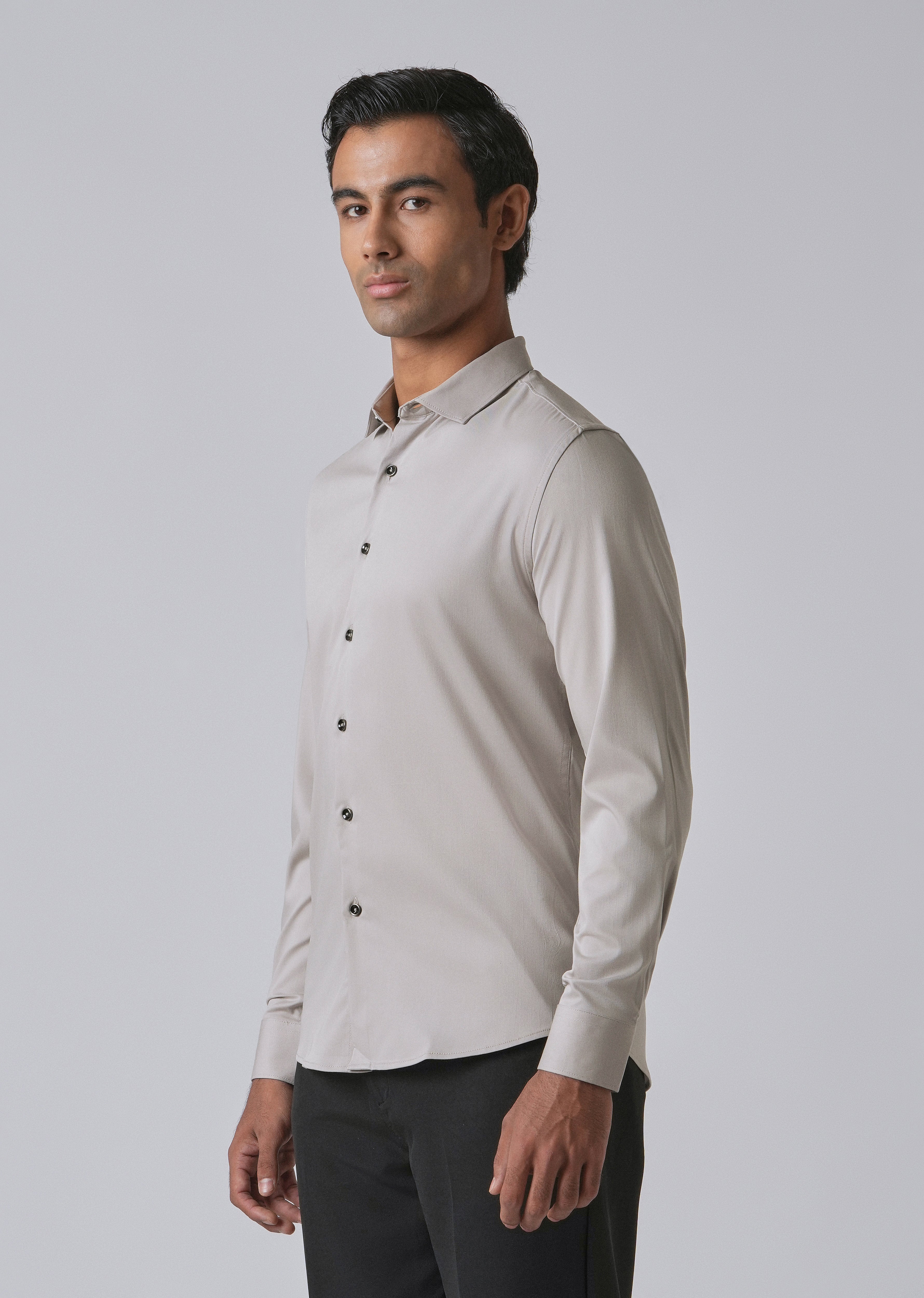 Stone Grey Cotton Stretch Plain Shirt