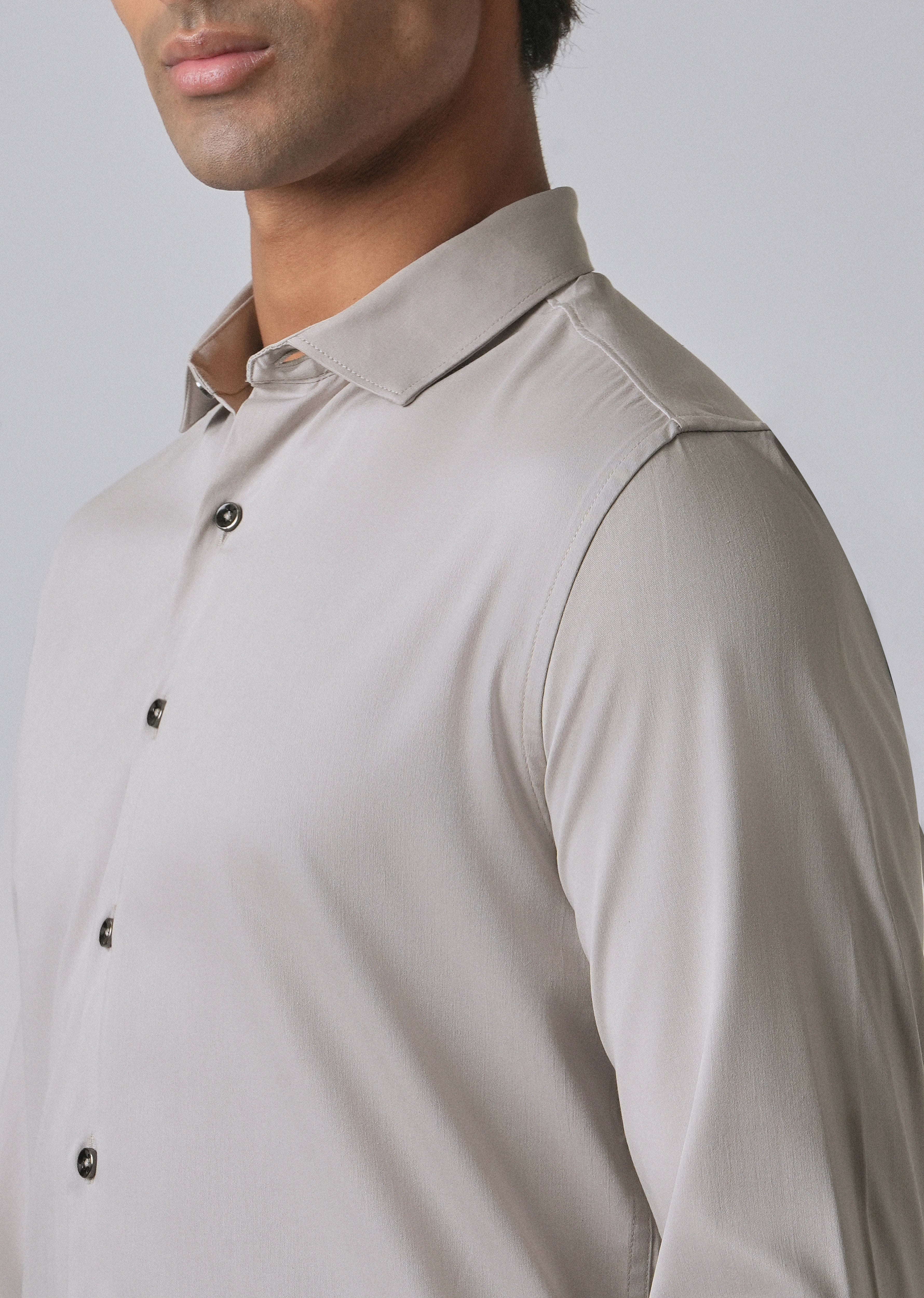 Stone Grey Cotton Stretch Plain Shirt