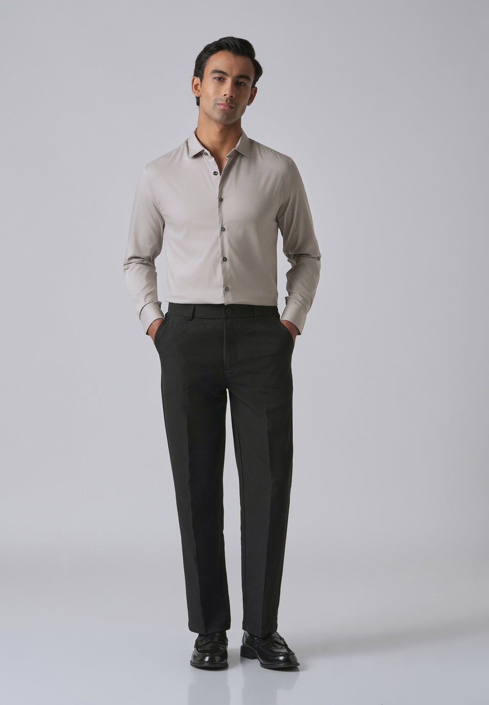 Stone Grey Cotton Stretch Plain Shirt