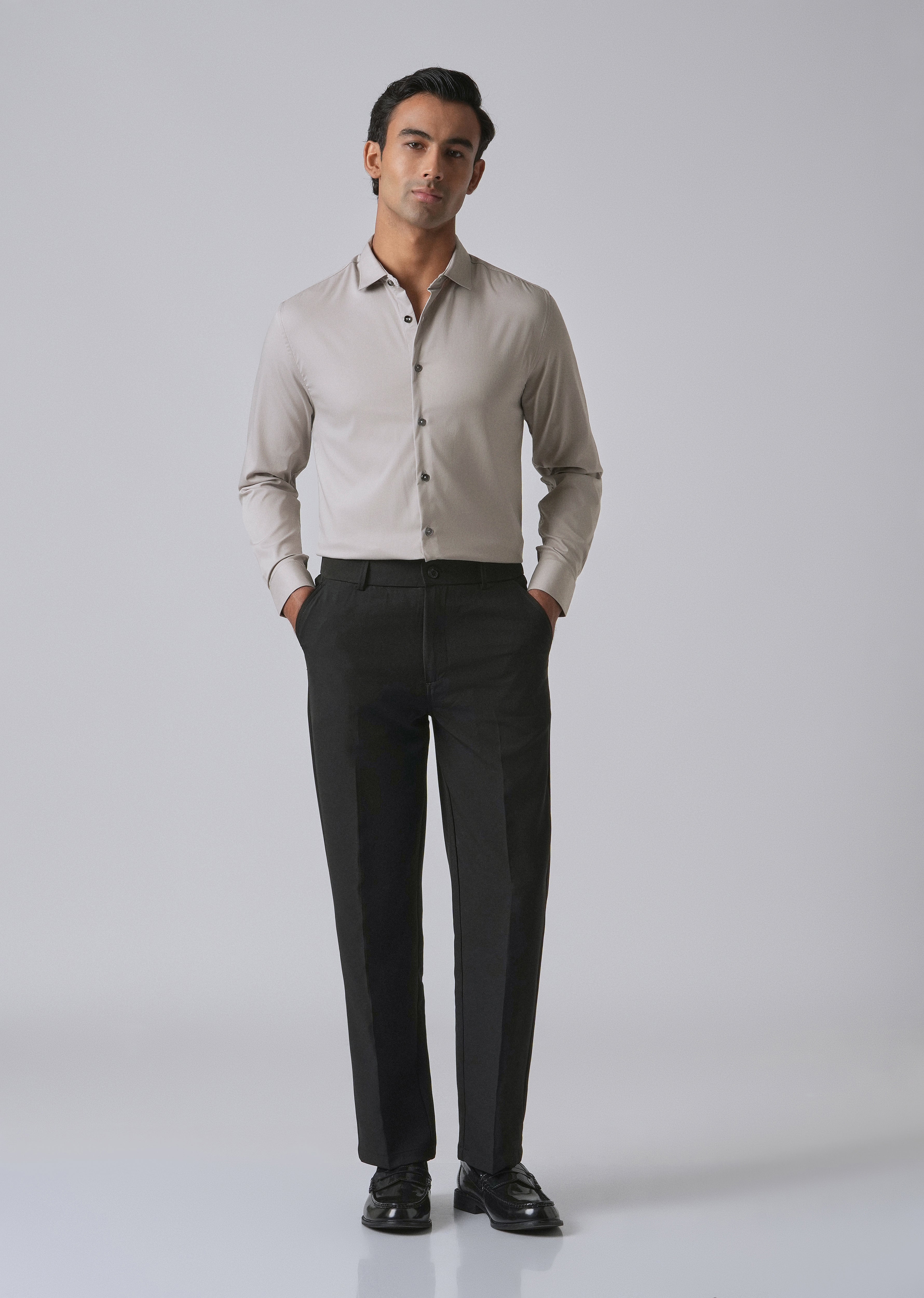 Stone Grey Cotton Stretch Plain Shirt