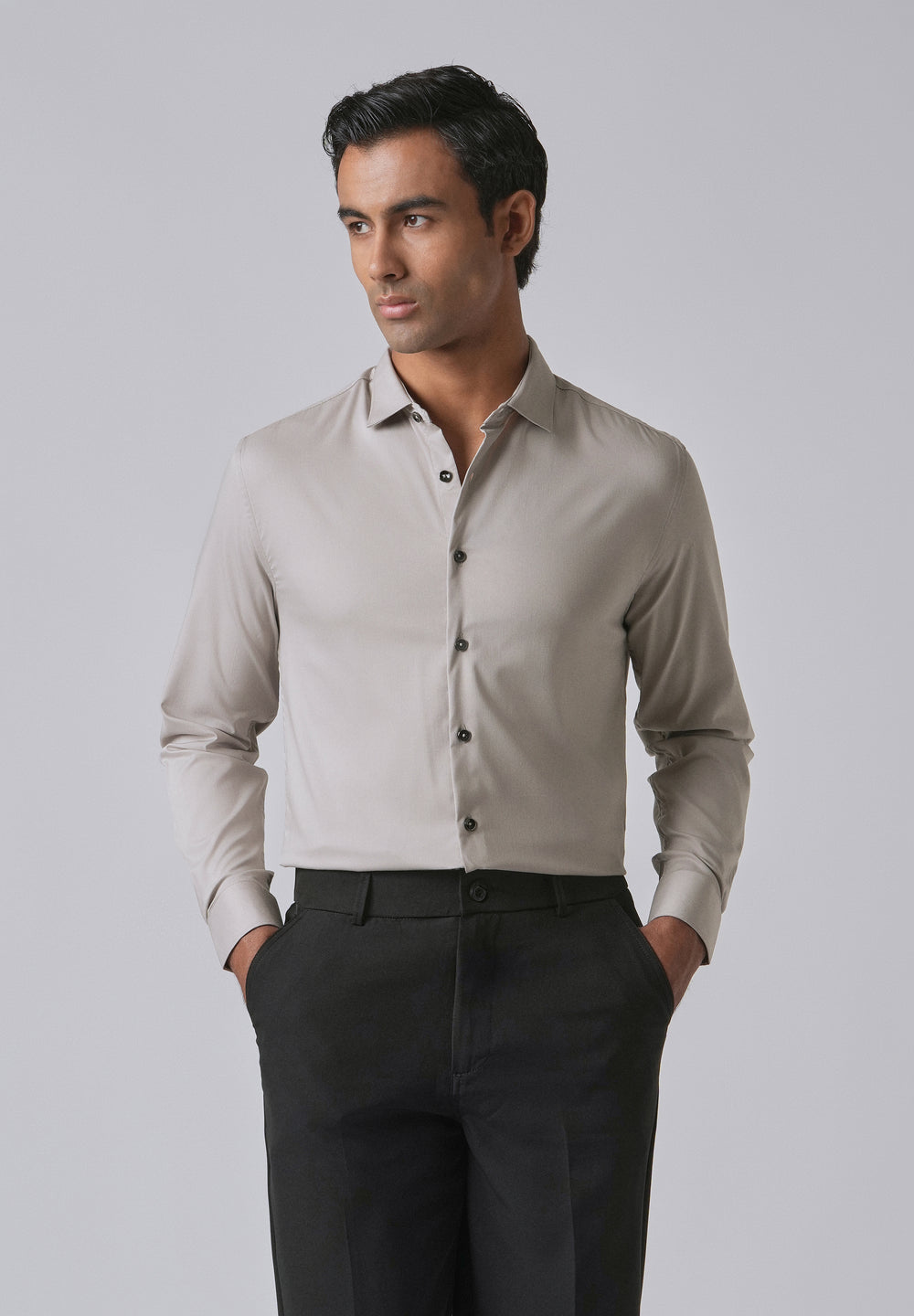 Stone Grey Cotton Stretch Plain Shirt