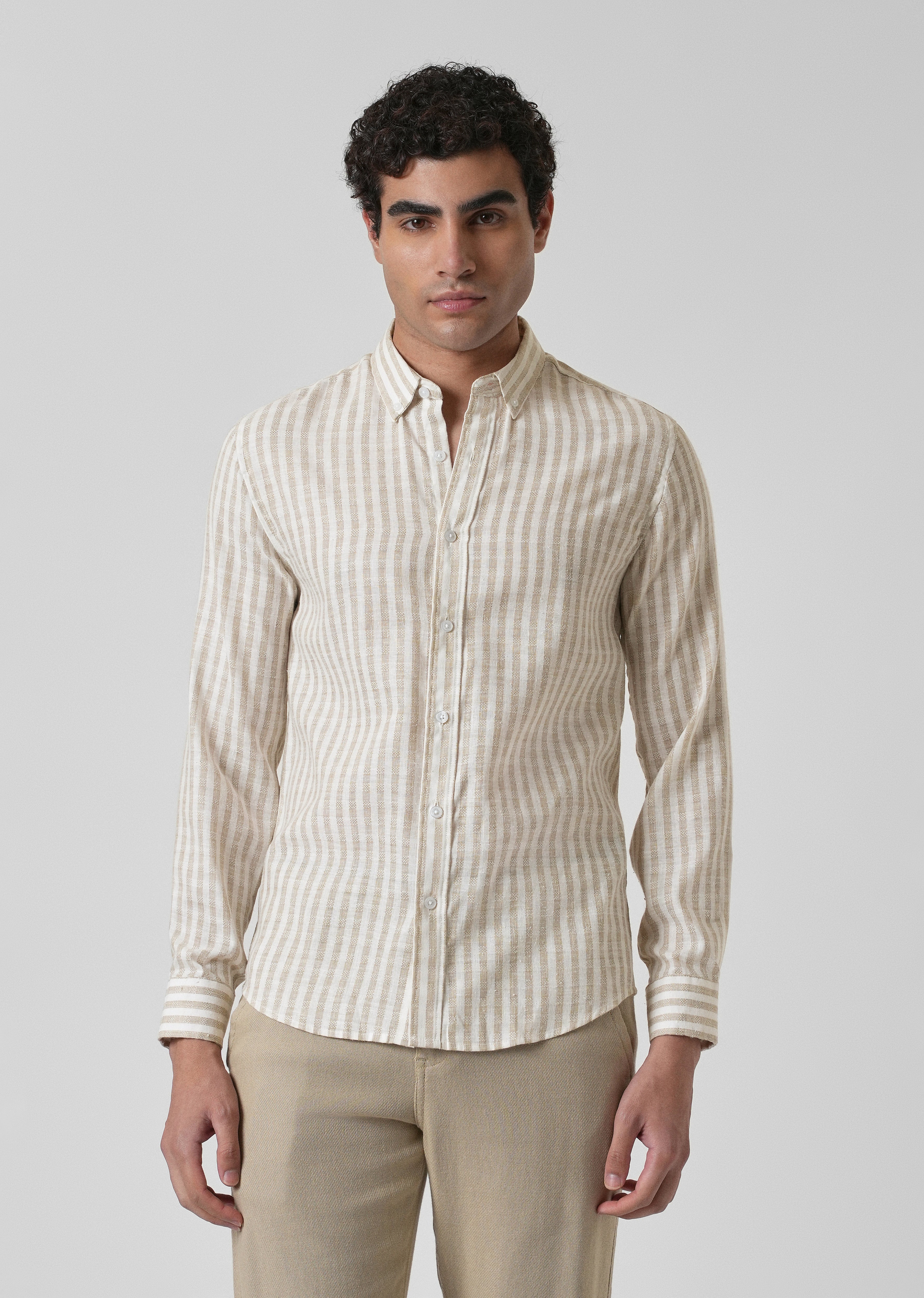 Striped Beige Blended Linen Shirt