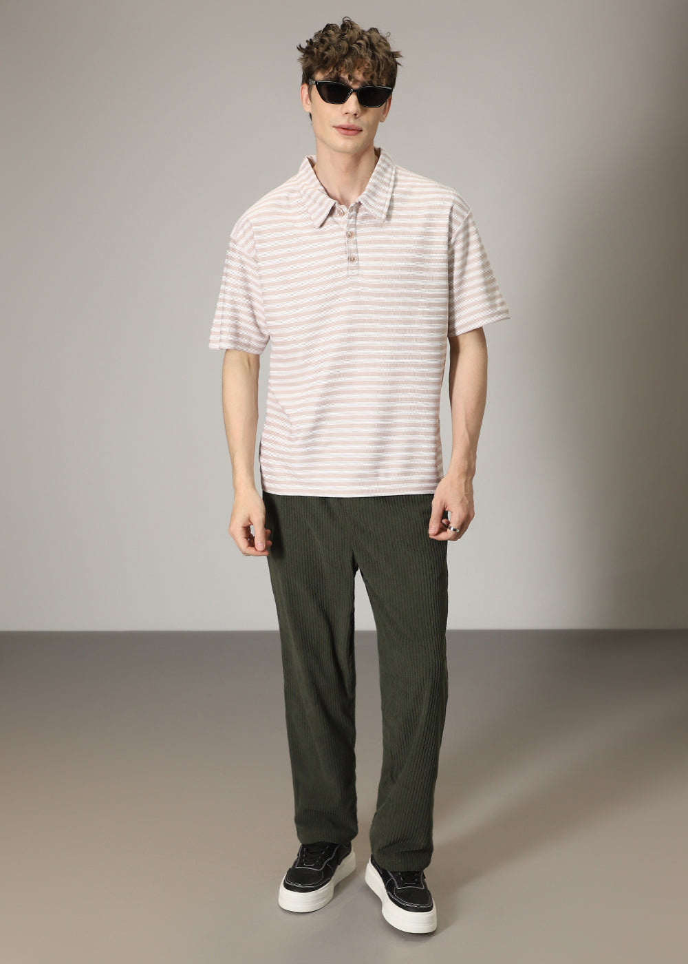 Striped Cream Oversized Polo T-shirt