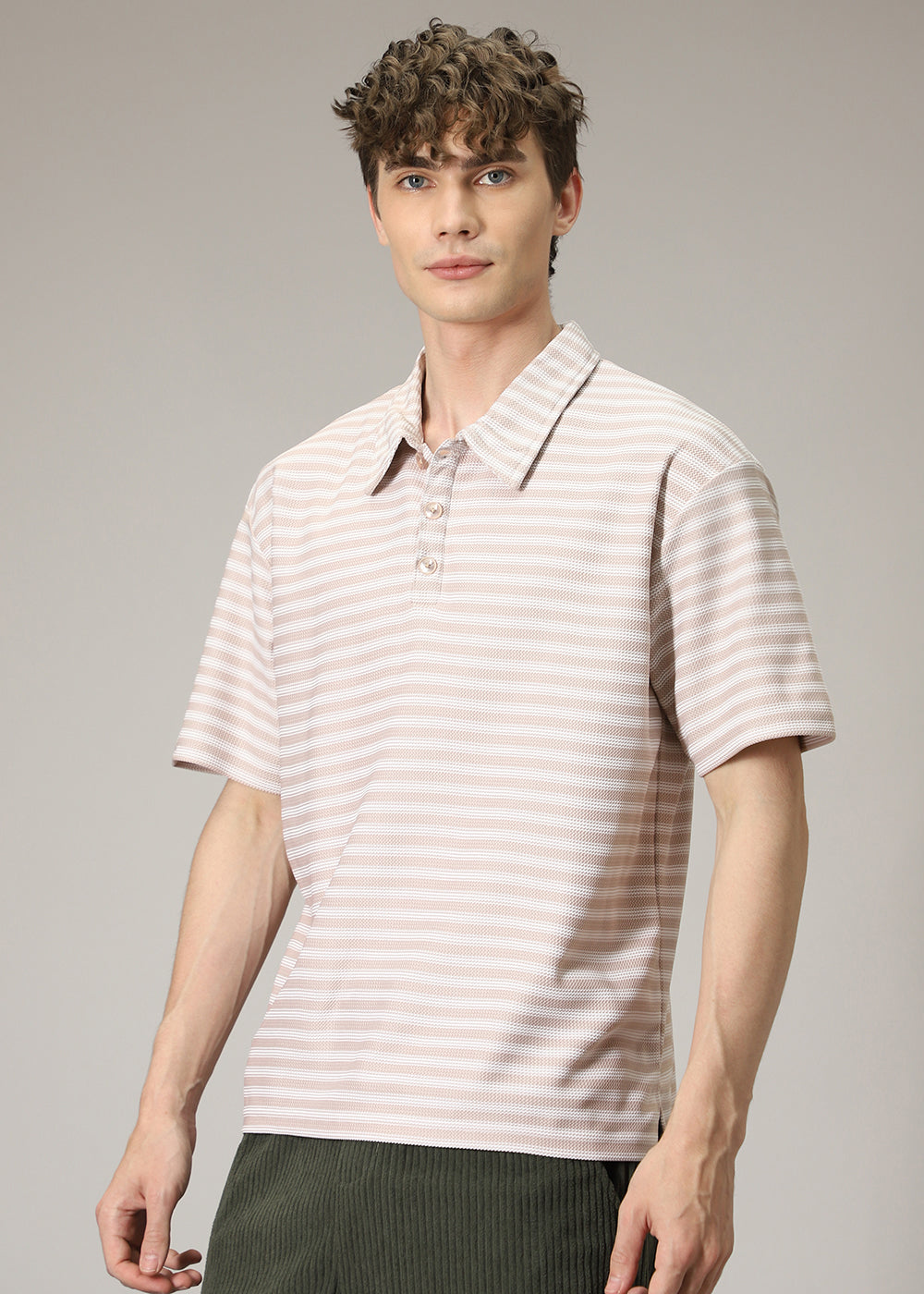 Striped Cream Oversized Polo T-shirt