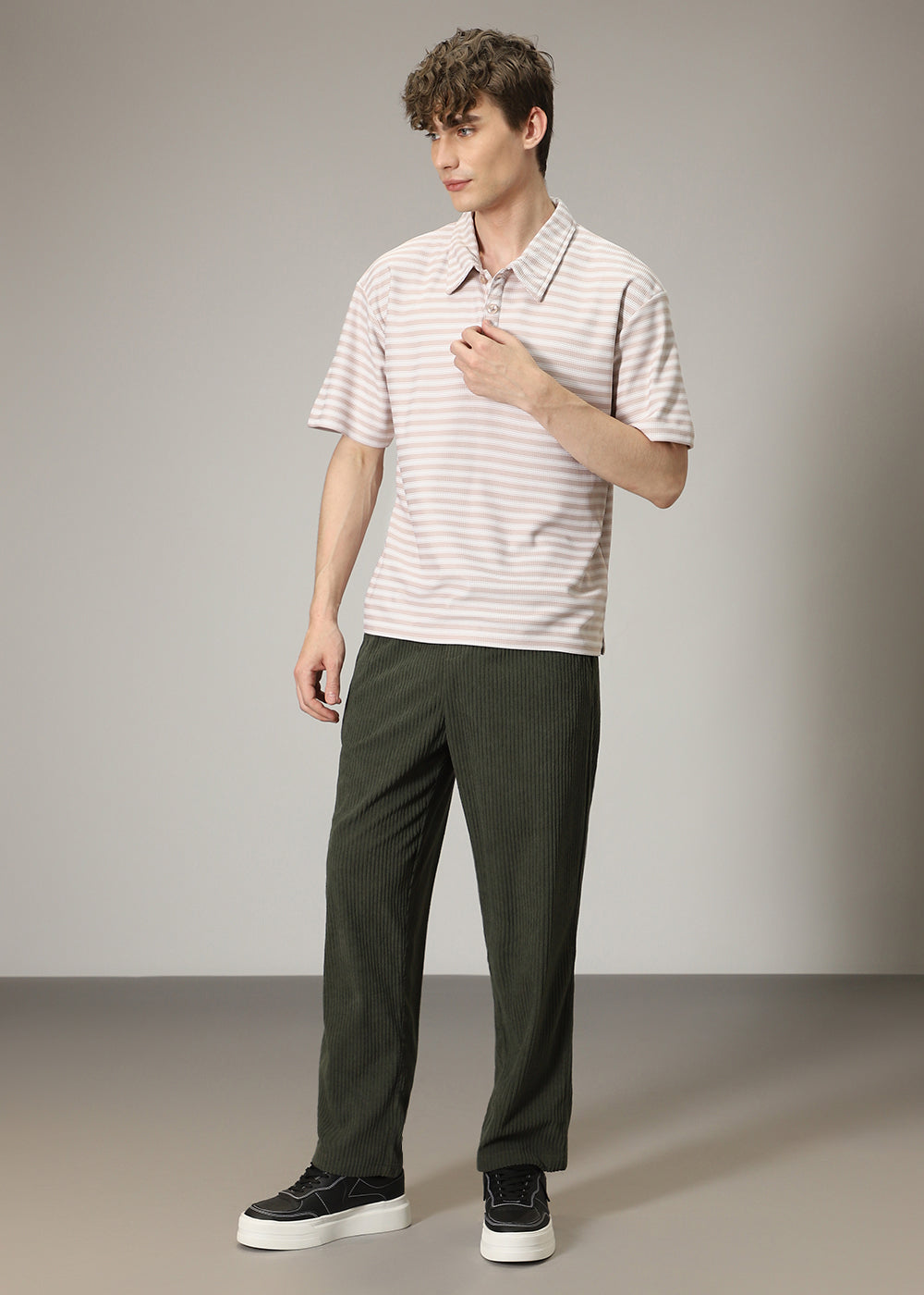Striped Cream Oversized Polo T-shirt